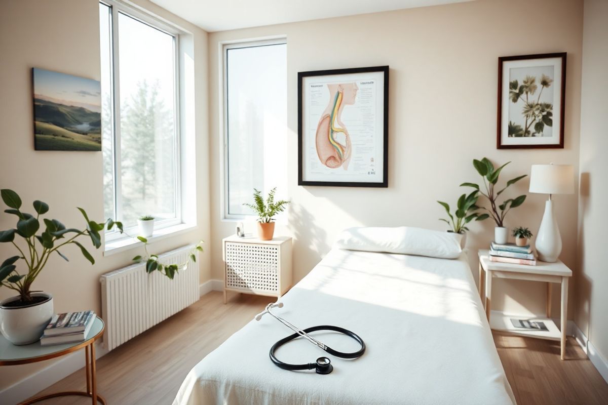 A photorealistic image depicting a serene medical consultation room, softly lit with natural light filtering through large windows. In the center, a comfortable examination table draped in crisp white linens invites patients to feel at ease. Surrounding the room are tasteful decorations, including potted plants and calming artwork that showcases gentle landscapes. On a side table, a collection of medical books and pamphlets about throat health are neatly arranged. A stethoscope rests casually on the table, suggesting a recent examination. The walls are painted in soothing pastel colors, creating a warm and welcoming atmosphere. In the background, a framed anatomical chart of the larynx hangs, providing an educational touch without overwhelming the space. The overall ambiance is one of tranquility and professionalism, embodying the importance of early detection and care in laryngeal cancer management.