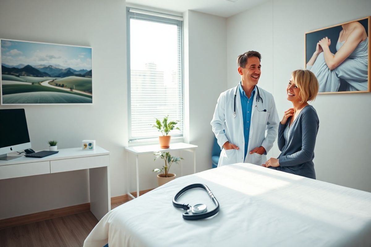 A photorealistic image depicting a serene and inviting healthcare setting, showcasing a modern examination room. The room is softly illuminated with natural light streaming through a large window, highlighting a well-organized desk with medical equipment and a stethoscope. In the foreground, a comfortable examination table draped with a clean, white paper cover invites patients for consultation. On the walls, tasteful artwork featuring soothing landscapes and calm colors promotes a sense of tranquility. A small potted plant adds a touch of greenery, symbolizing health and vitality. In the background, a medical professional, a compassionate-looking doctor, is engaged in conversation with a patient, both displaying expressions of trust and understanding. The overall atmosphere of the image conveys a sense of safety, professionalism, and care, reflecting the importance of early detection and awareness in managing health conditions like laryngeal cancer. The scene captures the essence of a supportive healthcare environment, encouraging individuals to seek medical advice for persistent symptoms.