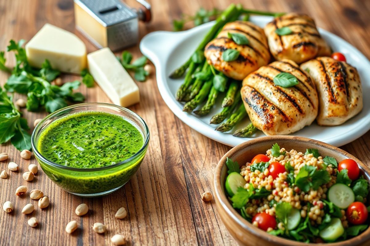 A beautifully arranged wooden table is adorned with a vibrant spread featuring a bowl of fresh arugula pesto, its bright green hue glistening under soft natural light. Surrounding the bowl are scattered pine nuts, a wedge of lemon, and a small block of Parmesan cheese with a grater nearby. In the background, tender grilled chicken breasts are elegantly placed on a white serving platter, drizzled with extra pesto and garnished with fresh basil leaves. Beside the chicken, lightly roasted asparagus spears glisten with a hint of olive oil, their vibrant green contrasting against the warm tones of the wooden table. A rustic ceramic plate holds a colorful quinoa salad with cherry tomatoes and cucumber, adding a pop of color to the scene. The soft focus of the background enhances the sharpness of the foreground elements, inviting the viewer to imagine the flavors and aromas of this wholesome meal. The overall composition is warm and inviting, radiating a sense of freshness and culinary delight, perfect for showcasing the dish’s nutritious ingredients and elegant presentation.