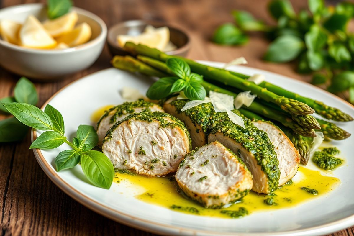 A beautifully arranged plate features a vibrant green arugula pesto chicken, the succulent chicken breast marinated in a glossy layer of arugula pesto, showcasing a rich green hue with flecks of garlic and nuts. The chicken is sliced into thick, juicy pieces, revealing its tender interior. Beside the chicken, crisp, lightly roasted asparagus spears are artfully placed, their bright green color contrasting with the golden-brown edges. A drizzle of extra arugula pesto cascades over the dish, enhancing its freshness. The plate is garnished with fresh basil leaves and thin shavings of Parmesan cheese, adding an elegant touch. In the background, a rustic wooden table complements the earthy tones of the meal, while a small bowl of lemon wedges adds a pop of yellow, inviting a squeeze of citrus to brighten the flavors. The overall composition is visually enticing, evoking a sense of freshness and healthiness, perfect for a gourmet dining experience. The lighting is warm and natural, highlighting the textures and colors of the ingredients, making the dish look irresistible and ready to be enjoyed.