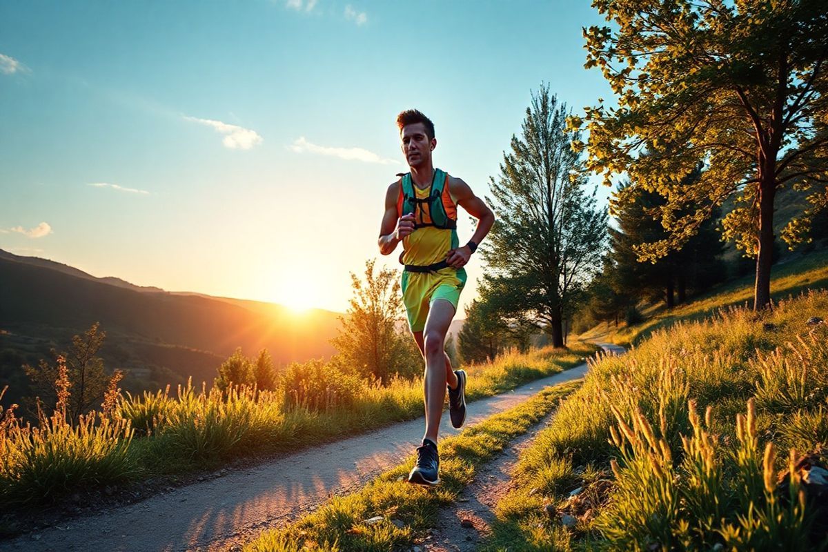 Create a photorealistic image of a professional marathon runner in motion, captured mid-stride on a scenic running trail during sunrise. The runner, a fit athlete with a determined expression, is wearing a lightweight, brightly colored running outfit, complete with running shoes and a hydration pack. Surrounding the runner, the trail is lined with lush greenery, trees, and wildflowers, bathed in the warm golden light of the rising sun, casting soft shadows on the path. In the background, rolling hills fade into the distance, under a clear blue sky with a few wispy clouds. The scene conveys a sense of energy and focus, illustrating the dedication and commitment required for marathon training. The atmosphere is invigorating and serene, capturing the essence of early morning runs that set the tone for a productive day. The runner’s posture showcases strength and agility, symbolizing the balance of training, nutrition, and mental fortitude essential for competitive athletes.