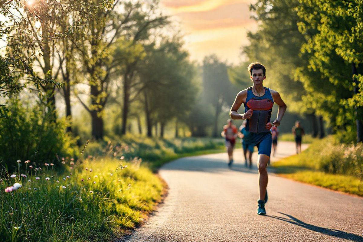 A photorealistic image captures a serene morning scene at a tranquil running trail, surrounded by lush greenery and soft sunlight filtering through the leaves. In the foreground, a focused marathon runner, adorned in a sleek, vibrant running outfit, is mid-stride, showcasing determination and strength. Their expression reflects concentration and mental fortitude, embodying the essence of mental training.   The background features a winding path lined with tall trees, their branches swaying gently in the morning breeze, while a few dew-kissed wildflowers add a splash of color to the landscape. The soft glow of the early sun casts elongated shadows on the ground, enhancing the peaceful, yet invigorating atmosphere of the scene.   In the distance, a supportive group of fellow runners can be seen jogging together, fostering a sense of community and motivation. The sky above is a brilliant gradient of soft oranges and blues, symbolizing the new day and the fresh opportunities it brings for training and growth. The overall composition conveys a perfect blend of perseverance, nature, and the mental strength required for marathon running, inviting viewers to immerse themselves in the runner’s journey.