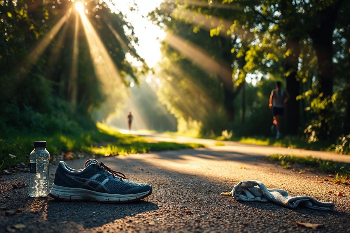 A photorealistic image captures the serene early morning landscape of a tranquil running path surrounded by lush greenery. The scene is bathed in the soft, golden light of dawn, with rays of sunlight filtering through a canopy of trees, creating playful patterns on the path. In the foreground, a pair of running shoes rests on the ground, slightly dusty from previous workouts, symbolizing dedication and the journey of a marathon runner. A water bottle and a small towel are placed nearby, hinting at the runner’s preparation for their morning training session. In the background, a distant silhouette of a runner can be seen in motion, embodying the spirit of endurance and commitment. The atmosphere conveys a sense of calm and focus, with a gentle breeze causing the leaves to rustle softly. The overall composition evokes a feeling of motivation and balance, perfectly illustrating the structured daily routine of a professional marathon runner, harmonizing with nature and their training environment.