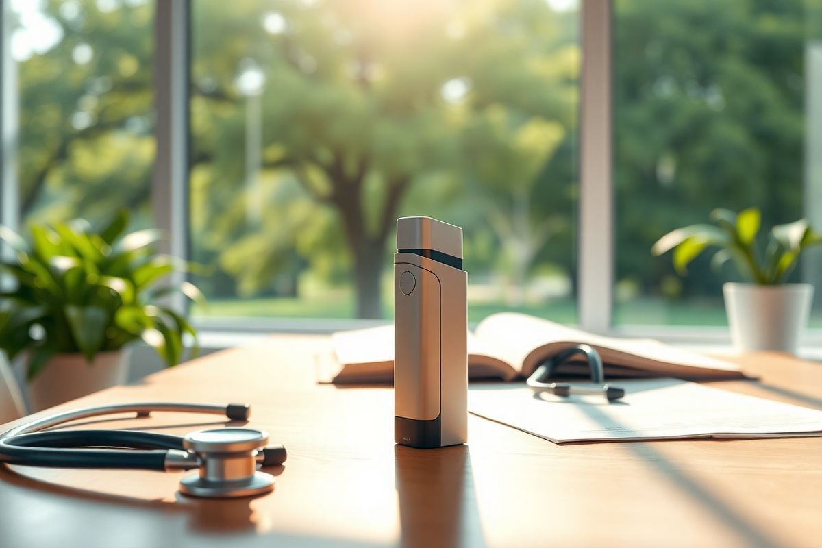 A photorealistic image of a serene, sunlit medical office environment. In the foreground, a sleek, modern inhaler resembling Airsupra is elegantly placed on a polished wooden desk, reflecting soft light. The inhaler is surrounded by a stethoscope and an open medical report, symbolizing a focus on asthma management. In the background, a large window offers a view of a lush green park, with trees swaying gently in the breeze, conveying a sense of tranquility and health. A potted plant sits in the corner, adding a touch of nature to the space. Soft, warm colors dominate the image, creating a welcoming atmosphere that promotes wellness and care. The overall composition conveys a message of hope, health, and the importance of effective asthma management through innovative solutions like Airsupra.