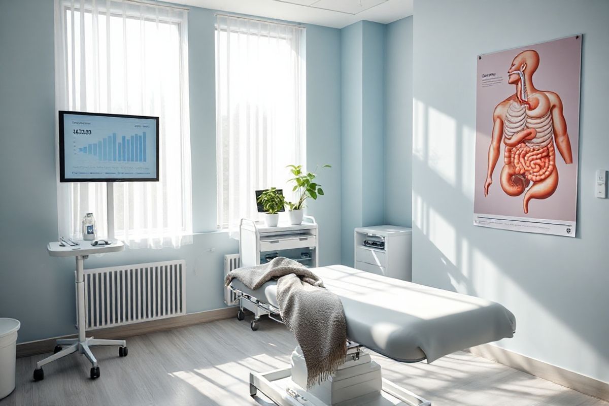 A photorealistic image depicting a serene, sunlit examination room in a modern healthcare facility. The room features a comfortable, adjustable examination table covered in crisp white paper, with a cozy throw blanket draped over the side. Soft, natural light filters through large windows adorned with sheer curtains, casting gentle shadows on the pale blue walls. In the background, a sleek medical cart is stocked with essential tools, while a digital monitor displays graphs and statistics related to health. A potted plant with lush green leaves sits on a windowsill, adding a touch of nature to the space. On a nearby wall, an anatomical poster of the human digestive system is displayed, emphasizing the importance of awareness and education regarding colorectal health. The overall atmosphere is calm and inviting, encouraging patients to feel comfortable while promoting a sense of hope and proactive health management.