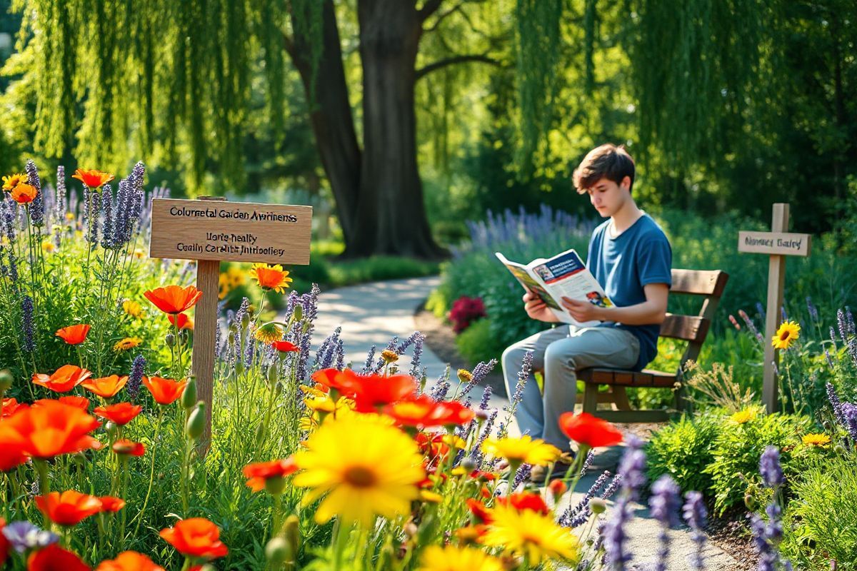 A photorealistic image depicting a serene outdoor scene in a lush garden setting, symbolizing health and vitality. The foreground features a vibrant array of colorful flowers, such as bright red poppies, golden sunflowers, and delicate lavender, creating a sense of life and energy. In the background, a well-maintained path winds through the garden, inviting viewers to explore further. On one side, a young adult is seated on a wooden bench, engrossed in reading a health pamphlet about colorectal cancer awareness, showcasing the importance of education and information. Sunlight filters through the leaves of tall trees, casting a warm glow on the scene, evoking feelings of hope and positivity. Nearby, a small wooden sign subtly points towards a community garden initiative, emphasizing the connection between nature, health, and community action. The overall composition radiates a message of empowerment, encouraging young individuals to take charge of their health while appreciating the beauty of nature surrounding them.