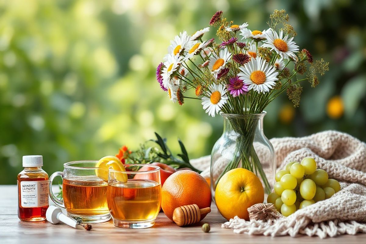 A beautifully arranged still life scene showcases a variety of seasonal allergens and common cold triggers. In the foreground, a clear glass vase filled with vibrant wildflowers, such as daisies and pollen-rich goldenrod, symbolizes the beauty and challenges of allergy season. Next to the vase, a small cluster of fresh fruits — apples, oranges, and a bunch of grapes — represents healthy immune-boosting options. Scattered around the composition are a few essential items for cold relief: a steaming cup of herbal tea with a slice of lemon and a honey dipper, a bottle of over-the-counter medication, and a cozy knitted scarf. The background features soft, blurred greenery, reminiscent of a serene outdoor garden, while natural light filters through, casting gentle shadows that enhance the warmth of the scene. This inviting arrangement captures the essence of managing allergies and colds, highlighting the contrast between the vibrant life of nature and the comfort of home remedies, making it a perfect visual companion to the informative text.