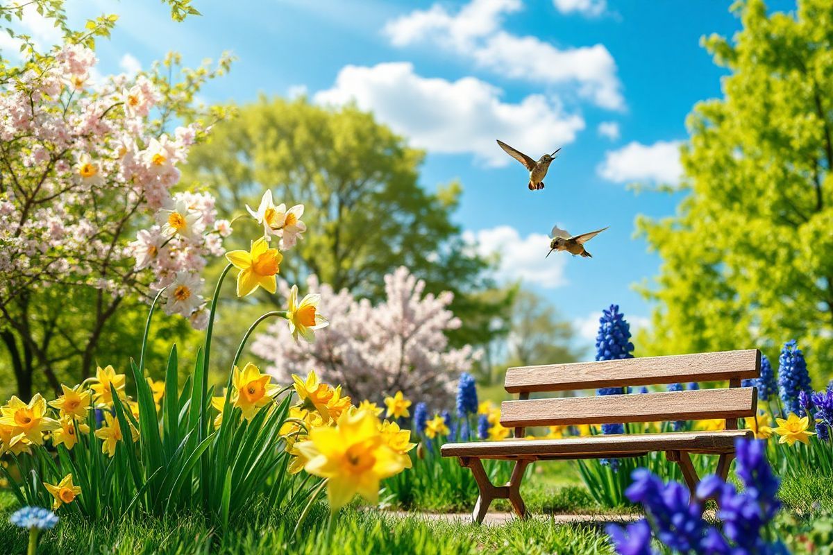 A photorealistic decorative image featuring a serene outdoor scene during springtime, showcasing vibrant blossoming flowers in a variety of colors, including soft pink cherry blossoms, bright yellow daffodils, and deep blue hyacinths. In the background, a gentle breeze rustles the leaves of lush green trees, creating a peaceful atmosphere. A clear blue sky overhead is dotted with fluffy white clouds, and rays of sunlight filter through the foliage, casting dappled shadows on the ground. In the foreground, a small wooden bench invites viewers to sit and enjoy the beauty of nature, with a nearby hummingbird hovering near a blooming flower, adding a sense of life and motion to the scene. The overall composition evokes feelings of tranquility and renewal, perfectly complementing the themes of allergies and the common cold by highlighting the beauty of nature in full bloom while subtly reminding viewers of the allergens that may arise during this season.