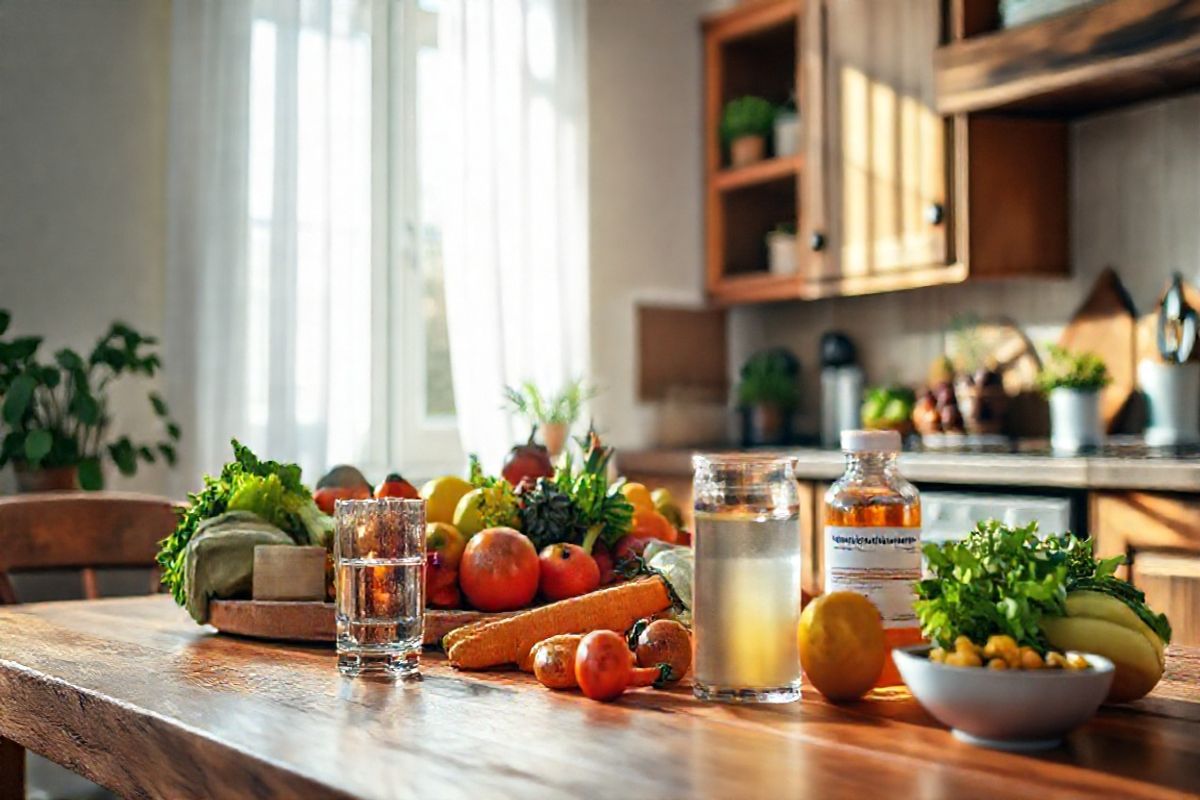 A photorealistic image depicting a serene and inviting kitchen setting, designed to evoke a sense of health and wellness. In the foreground, a beautifully arranged wooden table showcases a variety of fresh, colorful fruits and vegetables, symbolizing nourishment and recovery. Nearby, a glass of clear, refreshing water sits beside a small plant, emphasizing the importance of hydration. Soft, natural light filters through a window adorned with sheer white curtains, casting gentle shadows and illuminating the space with a warm glow. On the counter, a bottle of amoxicillin with its label subtly blurred is placed next to a small bowl of herbal remedies, hinting at the importance of mindful medication use. The background features a cozy kitchen with rustic wooden cabinets and tasteful decor, including potted herbs and a fruit bowl, creating an inviting atmosphere. This image captures the essence of making informed health choices, balancing nutrition with the necessary precautions regarding alcohol consumption and medication effectiveness.