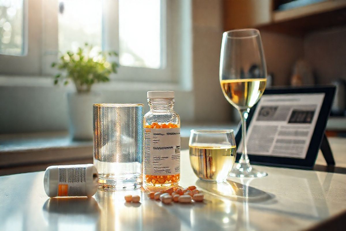 A photorealistic decorative image that complements the topic of amoxicillin and its interaction with alcohol could depict a serene, well-lit kitchen countertop. In the foreground, an open bottle of amoxicillin capsules sits alongside a glass of water, reflecting soft sunlight streaming through a nearby window. Beside the glass, a small, half-full glass of white wine rests, symbolizing the potential for mixing substances. The background features a potted plant, adding a touch of greenery and freshness, while a digital tablet displays a health-related article, hinting at informed decision-making. The overall ambiance is calm and inviting, with warm tones highlighting the importance of health and wellness. The scene subtly conveys the message of caution without being overtly dramatic, showcasing a balance between medication and lifestyle choices in a relatable, everyday setting.