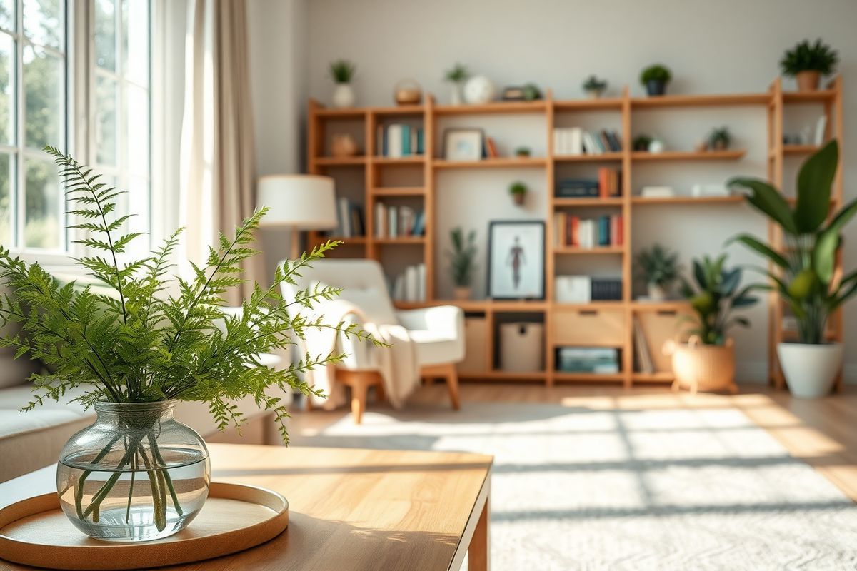 A serene and inviting living room scene bathed in soft, natural light streaming through large windows. In the foreground, a beautifully arranged coffee table features a small, elegant vase with fresh green ferns and delicate white flowers, symbolizing life and vitality. The background showcases a cozy, inviting armchair with a light beige fabric, complemented by a plush throw blanket draped casually over one arm. A warm wooden bookshelf filled with books on health, wellness, and anatomy lines one wall, suggesting a focus on knowledge and education. On the floor, a soft, neutral-toned area rug adds warmth, while a subtle hint of greenery is introduced by potted plants placed strategically around the room. The overall color palette is calming, with gentle earth tones of greens, browns, and creams that evoke a sense of tranquility and well-being. This carefully curated space inspires a feeling of comfort and safety, embodying the principles of fall prevention and a proactive approach to health in a home setting.