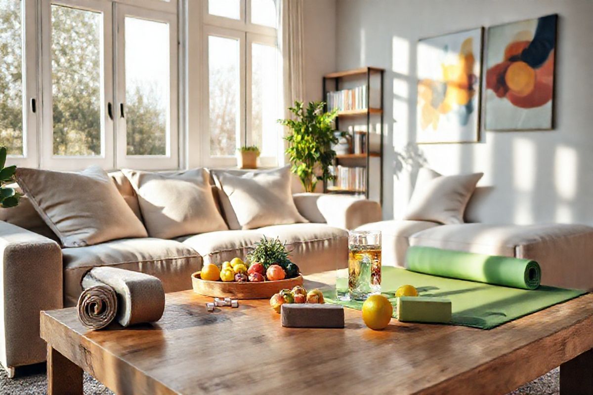 A photorealistic image depicting a serene and inviting home environment that reflects the theme of health and wellness. In the foreground, a cozy living room features a large, plush sofa adorned with soft, neutral-toned cushions. A warm, natural light filters through large windows, casting gentle shadows on a wooden coffee table, which holds an assortment of healthy snacks such as fresh fruits and a glass of water infused with lemon.   On one side, an exercise mat is rolled out, accompanied by light weights and a yoga block, suggesting an active lifestyle. A potted plant, lush and vibrant, adds a touch of nature and tranquility. In the background, a wall-mounted shelf displays books on health, well-being, and fitness, while a colorful abstract artwork adds a pop of color to the space. The overall atmosphere is calm and inviting, emphasizing a balanced approach to health, making it a perfect setting for someone managing conditions like ankylosing spondylitis and osteoporosis. The soft color palette and harmonious arrangement evoke a sense of peace and motivation for both physical and mental well-being.