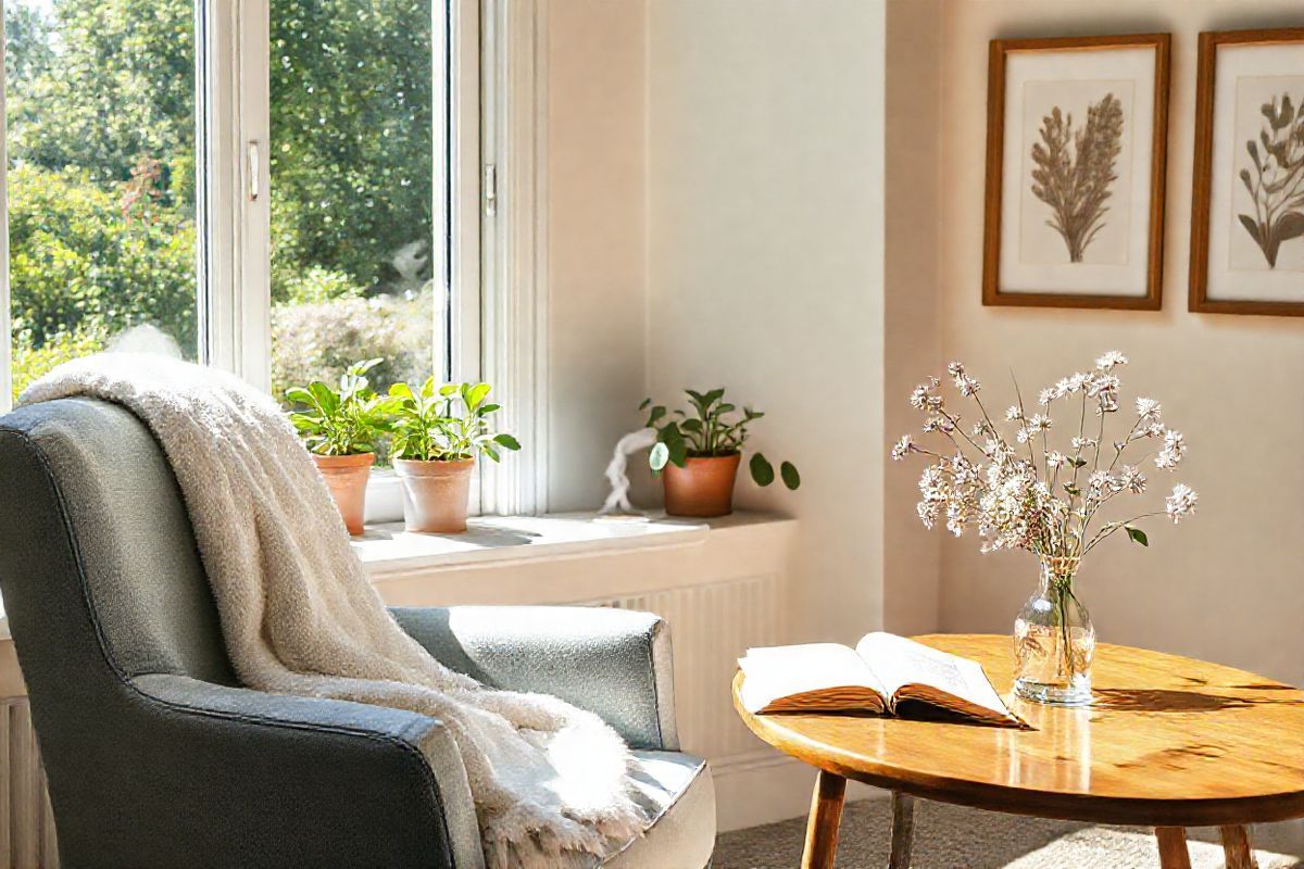 A serene and inviting scene unfolds in a cozy, sunlit living room, where a comfortable armchair is positioned near a large window that frames a breathtaking view of a vibrant, lush garden. The chair, upholstered in soft, light blue fabric, is adorned with a fluffy white throw blanket draped casually over one arm. A small wooden side table, polished to a warm sheen, holds a steaming cup of herbal tea and an open book, suggesting a moment of relaxation and contemplation.   On the windowsill, potted plants with rich green leaves bask in the sunlight, adding a touch of nature to the indoor space. The walls are painted a soft cream color, complemented by framed botanical prints that echo the garden’s beauty outside. A delicate glass vase filled with fresh wildflowers rests on the table, infusing the room with a sense of life and freshness.   The overall atmosphere exudes tranquility and comfort, inviting viewers to imagine a peaceful retreat where one can unwind and reflect, making it an ideal visual accompaniment to the theme of managing health and well-being in the context of multiple sclerosis treatment.