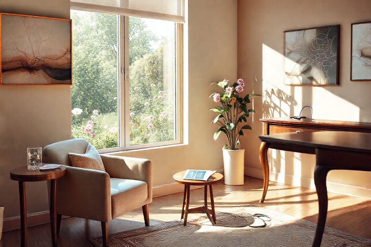 A serene and photorealistic image of a tranquil healthcare setting designed for patients with multiple sclerosis. The scene features a softly lit consultation room with warm, inviting tones, showcasing a plush, comfortable armchair beside a large window that offers a view of a lush garden filled with blooming flowers and greenery. A wooden side table holds a glass of water and a few medical pamphlets neatly arranged, highlighting a sense of care and attention. On the walls, calming artwork depicting abstract representations of neural pathways or soft landscapes adds to the soothing ambiance. The floor is adorned with a tasteful rug that complements the color scheme, providing warmth and comfort. Natural light streams in through the window, creating gentle shadows that enhance the peaceful atmosphere. In the background, a stethoscope rests on an elegant wooden desk, symbolizing the medical aspect of treatment. The overall composition evokes a sense of hope and healing, making it an ideal visual accompaniment to discussions about Aubagio and its role in managing multiple sclerosis.