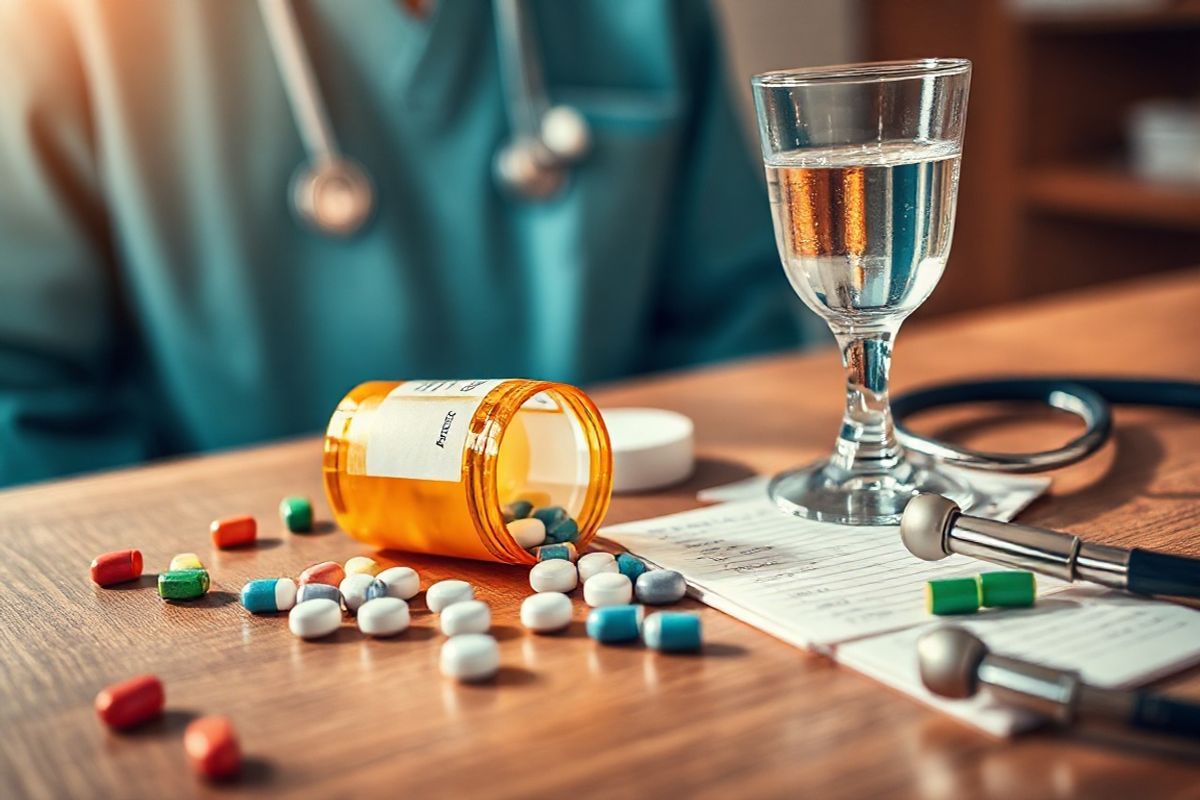 A close-up, photorealistic image of a wooden table adorned with various medical items related to antibiotics, specifically Augmentin. The table features an open prescription bottle with Augmentin tablets spilling slightly onto the surface, showcasing their distinct coloring. Beside the bottle, a glass of water sits, reflecting light and adding a refreshing touch. In the background, a soft-focus image of a medical professional in scrubs is visible, emphasizing the clinical environment. There are also scattered, colorful pills and a notepad with handwritten dosage notes, alongside a stethoscope draped casually over the edge of the table. The lighting is warm and inviting, casting gentle shadows that enhance the textures of the wood and the smooth surfaces of the medical items. The overall composition conveys a sense of care, professionalism, and the importance of medication in treating bacterial infections, while maintaining a visually appealing and informative aesthetic.