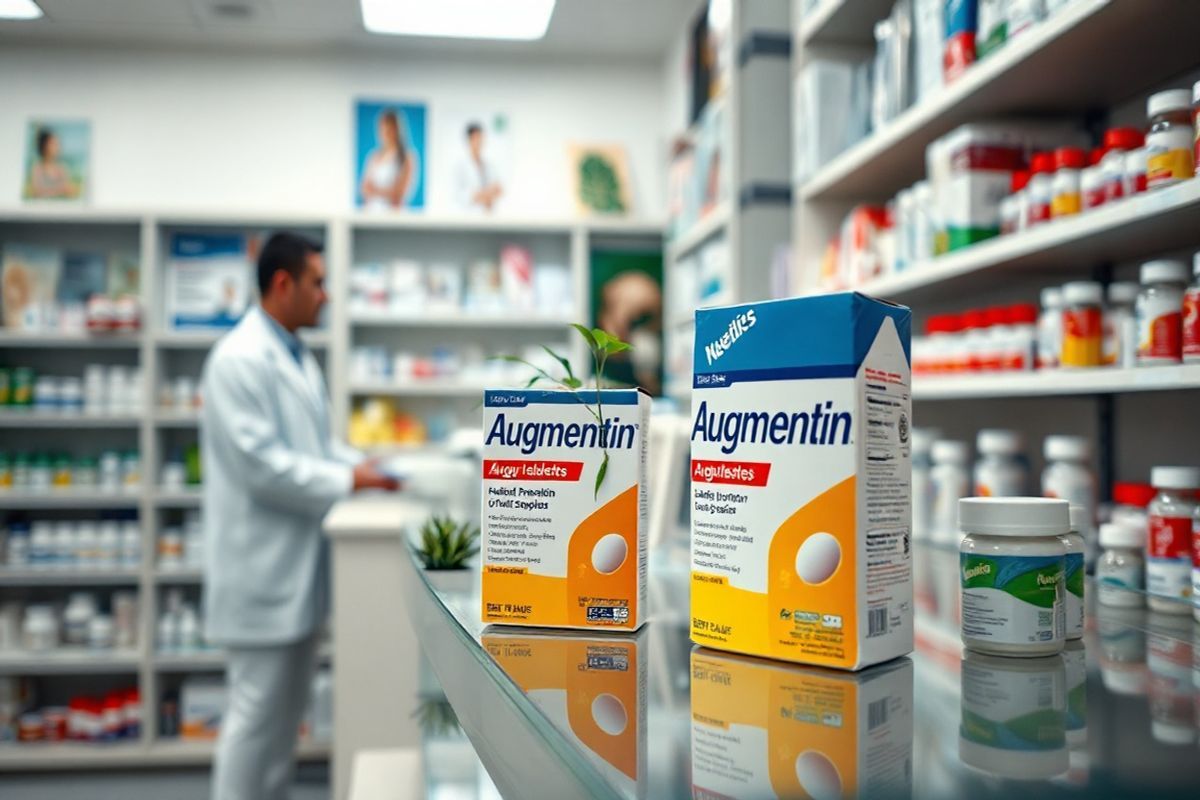 A close-up, photorealistic image of a serene and inviting pharmacy setting, featuring a well-organized shelf stocked with various prescription bottles, including prominently displayed Augmentin packaging in different forms (tablets and liquid suspension). The background showcases soft, warm lighting that enhances the welcoming atmosphere, with a blurred view of a knowledgeable pharmacist in a white coat assisting a patient at the counter. The shelves are adorned with colorful health-related posters and neatly arranged health supplements. A small potted plant adds a touch of greenery, symbolizing health and vitality. The scene captures a sense of trust and professionalism, illustrating the importance of healthcare and medication in everyday life, while also evoking feelings of comfort and reassurance for patients seeking treatment. The focus on Augmentin subtly emphasizes its role in combating bacterial infections, creating a visually appealing and informative composition without the need for text.