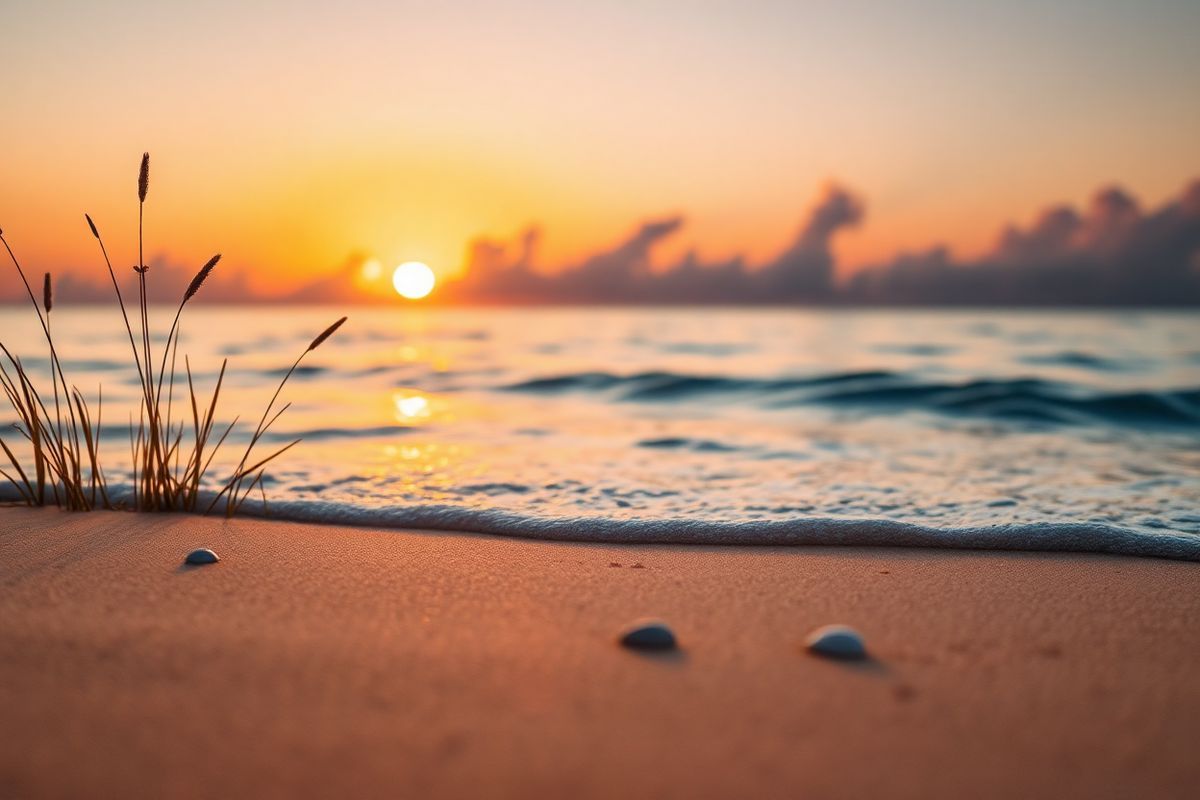 A serene and calming scene depicting a close-up of a tranquil beach at sunset. The foreground features gentle waves lapping at the shore, with the soft, golden sands glistening under the warm hues of the setting sun. Silhouetted against the vibrant sky, which transitions from deep orange to soft lavender, are delicate grasses and small seashells scattered along the beach. In the background, fluffy clouds catch the sunlight, creating a dreamy atmosphere. The overall composition evokes a sense of peace and relaxation, making it an ideal visual representation of the balance and tranquility that patients with asthma seek in managing their health amidst challenges. The image captures the essence of nature’s beauty, symbolizing hope and serenity in the journey towards wellness.