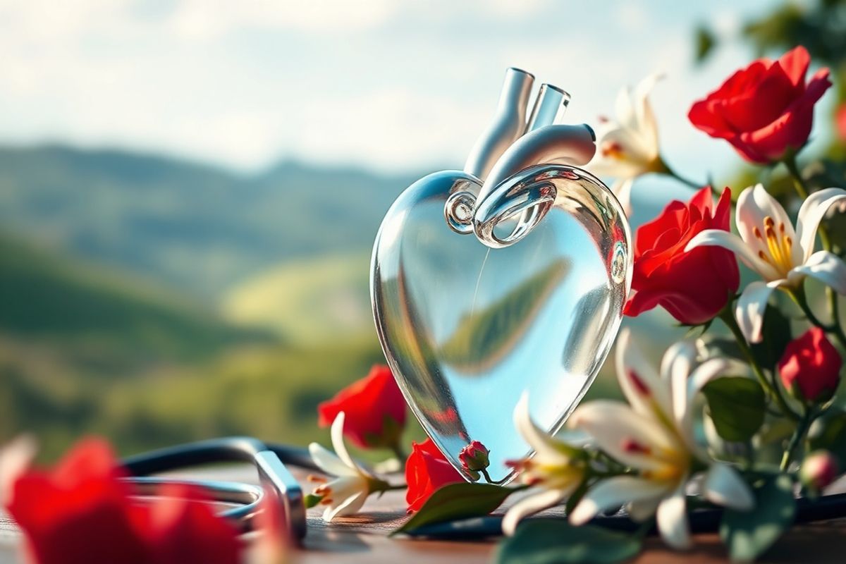 A close-up, photorealistic image of a tranquil heart-themed setting. In the foreground, a sleek, modern heart model made of translucent glass reflects soft, ambient light, symbolizing cardiovascular health. Surrounding the heart are delicate, vibrant flowers such as red roses and white lilies, representing vitality and balance. In the background, a blurred, serene landscape of green hills and a clear blue sky creates a peaceful atmosphere. Subtle hints of medical imagery, like a stethoscope and an EKG line, are woven into the natural elements, representing the intersection of healthcare and nature. The overall color palette features calming greens, soft reds, and gentle blues, evoking a sense of harmony and well-being. The lighting is warm and inviting, casting gentle shadows that enhance the three-dimensional quality of the heart model and flowers, creating a visually appealing and thought-provoking composition that reflects the themes of health, care, and the importance of managing cardiovascular conditions.