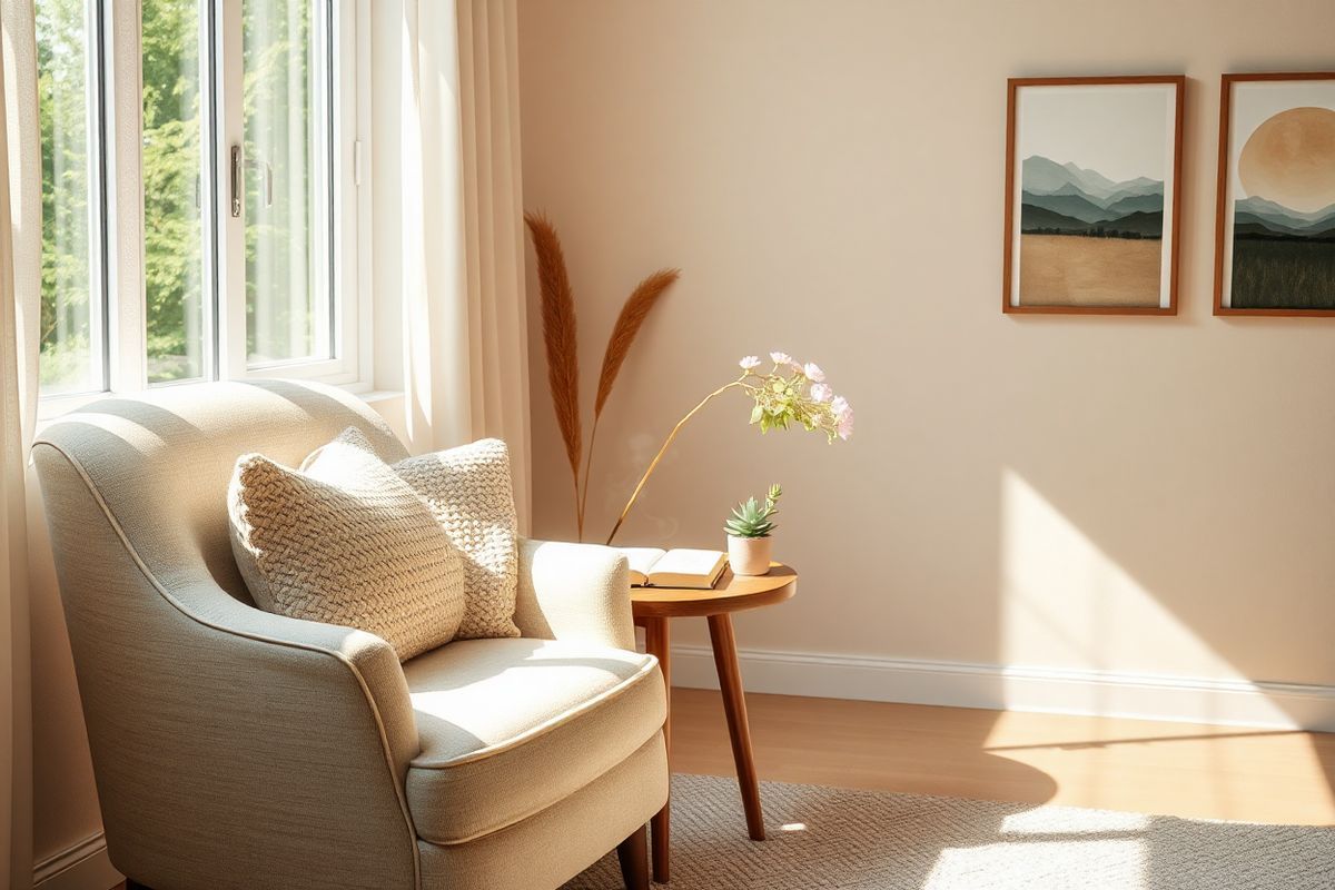 A serene indoor scene featuring a cozy reading nook bathed in soft, natural light. In the foreground, a plush armchair upholstered in a calming pastel fabric is adorned with a few knitted throw pillows, creating an inviting atmosphere. A small wooden side table beside the chair holds a steaming cup of herbal tea, a well-worn book, and a delicate potted succulent, emphasizing tranquility and self-care.   In the background, a large window is partially draped with sheer curtains, allowing sunlight to filter through and illuminate the space. Outside the window, a lush garden can be seen, filled with vibrant greenery and blooming flowers, symbolizing growth and the acceptance of imperfection.   Soft, warm colors dominate the room, with light beige walls and a cozy, textured area rug underfoot. A few framed art pieces depicting abstract landscapes hang on the walls, their soothing colors harmonizing with the overall ambiance. The scene evokes feelings of comfort, mindfulness, and self-compassion, encouraging a moment of peaceful reflection away from the pressures of perfectionism.