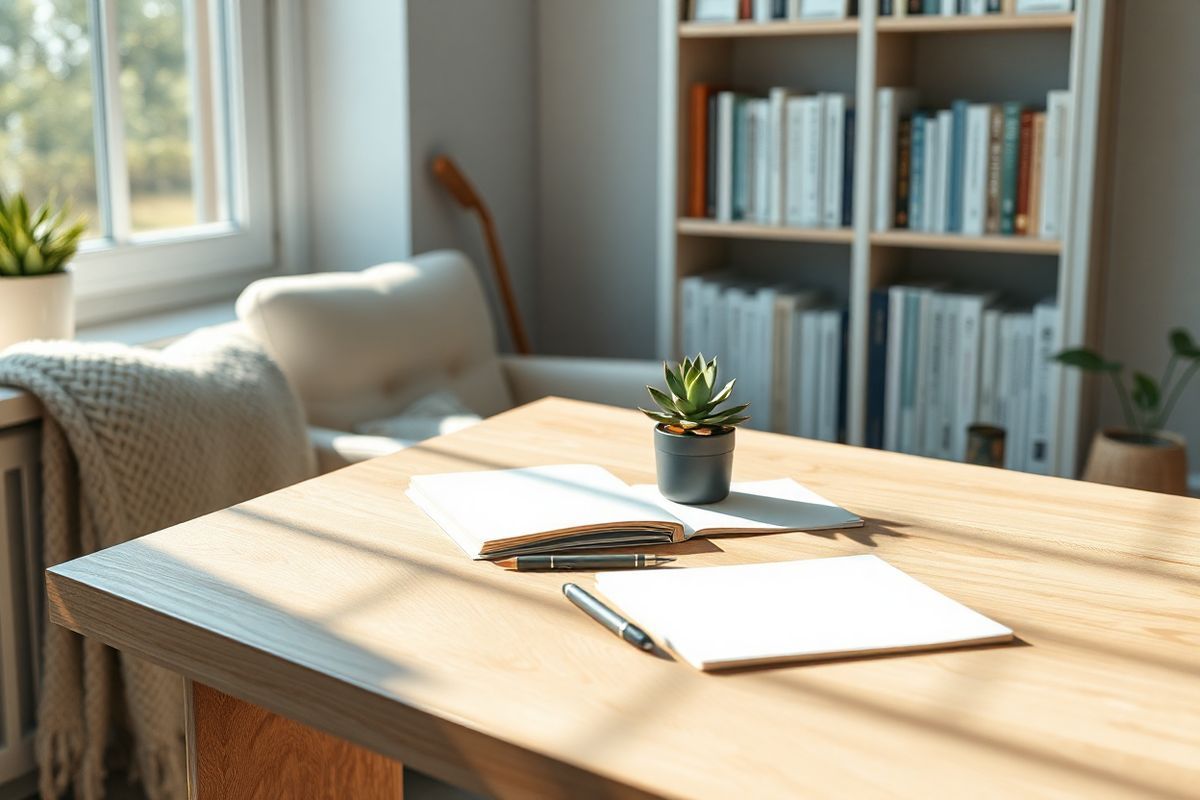 A serene and photorealistic image of a tranquil workspace is depicted. The scene features a clean desk made of light oak wood, adorned with a neatly arranged assortment of delicate stationery items including a sleek pen, a minimalist notepad with blank pages, and a small potted succulent with vibrant green leaves. Soft natural light filters in through a large window, casting gentle shadows and creating a warm, inviting atmosphere. In the background, a subtle hint of a bookshelf filled with neatly organized books on self-improvement and mindfulness is visible, adding an element of inspiration. A cozy armchair with a knitted throw sits beside the desk, suggesting a comfortable space for reflection. The color palette consists of calming pastel hues—soft blues, muted greens, and warm neutrals—that evoke a sense of peace and tranquility. This image encapsulates the idea of a nurturing environment that promotes productivity and self-compassion, aligning perfectly with the themes of overcoming perfectionism and managing anxiety.