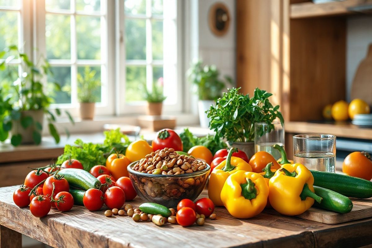 A photorealistic image depicting a serene and tranquil scene of a sunlit kitchen, where a healthy lifestyle is emphasized. The focal point is a rustic wooden table adorned with a variety of fresh, colorful fruits and vegetables, including vibrant red tomatoes, crisp green cucumbers, and bright yellow bell peppers. A bowl of kidney beans sits prominently, symbolizing kidney health. In the background, a window reveals a lush garden, with sunlight streaming in, creating a warm and inviting atmosphere. On the countertop, a potted plant adds a touch of greenery, while a glass of water sits next to a cutting board, emphasizing hydration. Soft, natural light enhances the textures of the food and the warmth of the wood, inviting viewers to embrace a healthy lifestyle and mindful eating, which are crucial for kidney disease prevention and management. The overall composition conveys a sense of wellness, freshness, and the importance of nutrition, making it an ideal visual representation of the themes discussed in the article about kidney health and disease management.