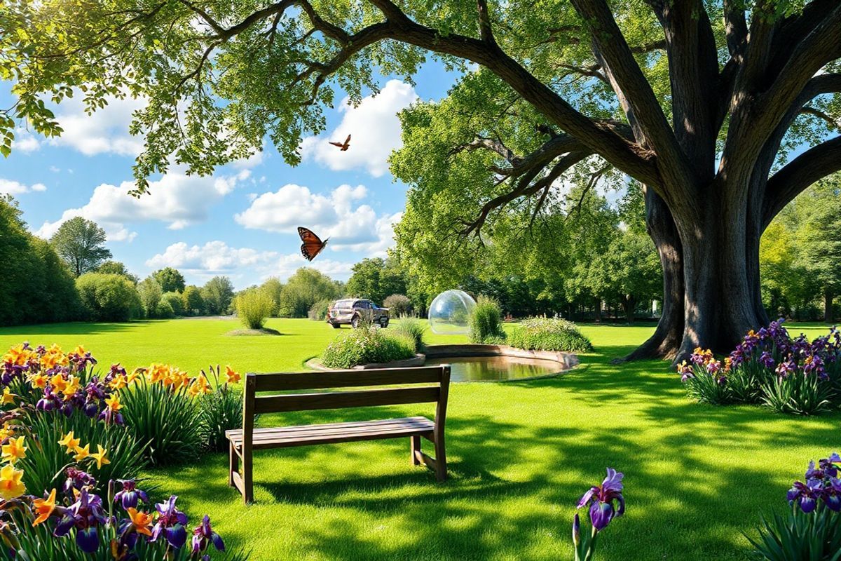 A serene and photorealistic image of a tranquil garden setting, showcasing a diverse range of lush greenery and vibrant flowers. In the foreground, a wooden bench is positioned under the shade of a large oak tree, inviting contemplation and relaxation. Surrounding the bench, colorful blooms, such as bright yellow daffodils and deep purple irises, create a lively contrast against the rich green grass. A gentle breeze rustles the leaves, casting dappled sunlight patterns on the ground. In the background, a small, clear pond reflects the blue sky and fluffy white clouds, enhancing the peaceful ambiance of the scene. Nearby, a butterfly flits gracefully among the flowers, symbolizing hope and transformation. This image embodies a sense of calm and support, reflecting the essence of patient support programs and the importance of nurturing health and well-being in the face of chronic illness. The overall composition radiates tranquility, making it an ideal visual accompaniment to the message of resilience and community in managing chronic kidney disease.