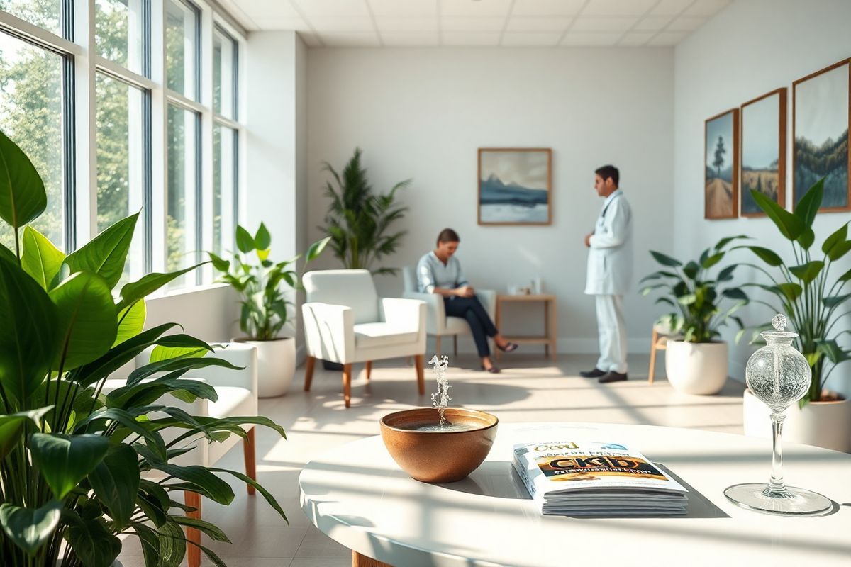 A serene and photorealistic image of a peaceful healthcare setting designed to evoke a sense of calm and support for patients with Chronic Kidney Disease (CKD). The focal point is a softly lit room with large windows allowing natural light to flood in, illuminating a cozy waiting area adorned with comfortable chairs and lush green plants that symbolize hope and healing. In the background, a modern healthcare professional is seen engaging with a patient, highlighting the importance of compassionate care. On a coffee table, there are educational pamphlets about CKD and patient support programs, subtly placed to suggest access to valuable information. The walls are decorated with soothing artwork depicting nature scenes, creating a tranquil atmosphere. A small water fountain adds a gentle sound of flowing water, enhancing the serene ambiance. This image captures the essence of supportive patient care while promoting awareness of kidney health, making it an ideal representation of the themes discussed in the article.