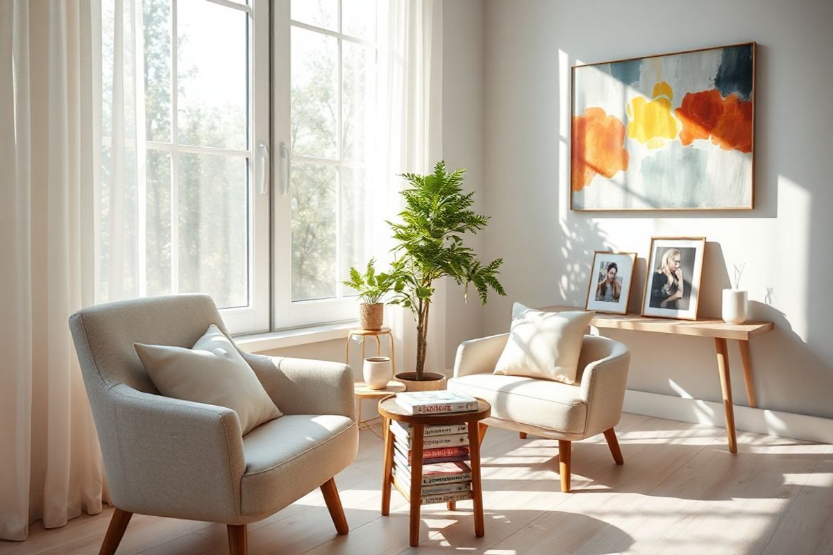 A serene and uplifting photorealistic image captures a tranquil scene in a cozy, sunlit room designed for relaxation and healing. In the foreground, a comfortable armchair with soft, inviting cushions is positioned next to a small wooden side table adorned with a steaming cup of herbal tea and a stack of informative books about cancer treatment and wellness. Natural light filters through large windows framed with delicate sheer curtains, casting gentle shadows on the light wooden floor.   In the background, a lush indoor plant adds a touch of greenery, symbolizing growth and resilience. A colorful abstract painting hangs on the wall, representing hope and vitality. On the table, a framed photo of a supportive family member or friend is visible, emphasizing the importance of emotional support during the cancer journey. The overall ambiance radiates warmth, comfort, and empowerment, inviting the viewer to envision a space dedicated to self-care and active participation in one’s health journey. This image evokes feelings of encouragement and determination, perfectly complementing the themes of empowerment and proactive engagement in cancer treatment.