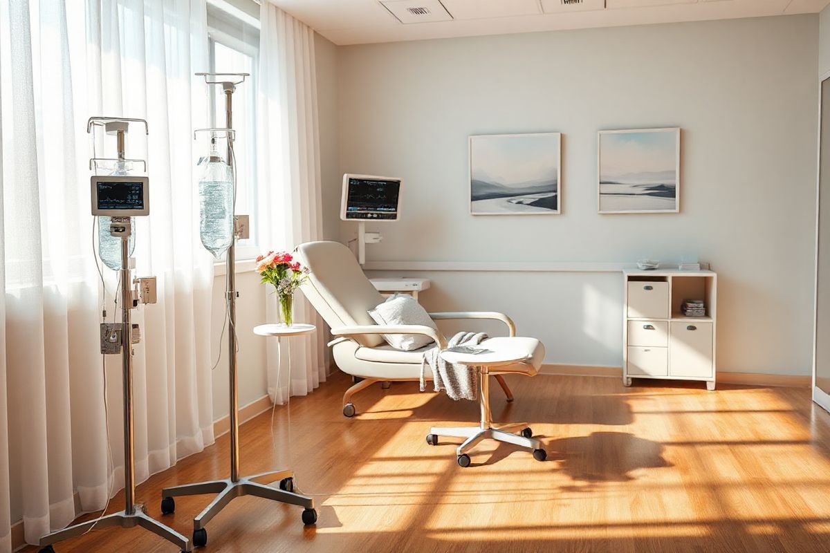 A photorealistic image depicting a serene and inviting cancer treatment room. The room is bathed in soft, natural light filtering through large windows adorned with sheer white curtains. In the foreground, a comfortable reclining chair is positioned next to a sleek, modern IV stand, which gently holds a bag of chemotherapy medication, its contents glistening in the light. A small, round table nearby features a vase of fresh flowers, adding a touch of warmth and color to the space. On the wall, calming artwork depicting soft landscapes promotes tranquility. The floor is covered with warm, inviting hardwood, and there are plush throw pillows on the chair for added comfort. An electronic monitor displays vital signs unobtrusively, while a cozy blanket lies draped over the chair. A small bookshelf in the corner holds books and resources about cancer care, emphasizing the importance of education and support. Overall, the atmosphere is one of hope, comfort, and professionalism, reflecting a dedicated space for patients to receive their treatment while feeling cared for and at ease.