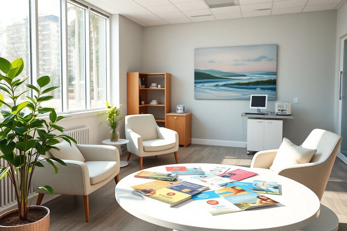 A photorealistic image depicts a serene and harmonious cancer care environment within a modern clinic. The scene features a bright, welcoming consultation room with large windows allowing soft, natural light to flood in, illuminating the space. In the foreground, a round table is set with a variety of colorful brochures about cancer treatments and wellness options, inviting patients to explore their choices.   On one side of the room, a comfortable seating area showcases plush chairs adorned with soft, pastel cushions, creating a cozy atmosphere for patients and their families. A potted plant, vibrant with green leaves, adds a touch of nature to the space, symbolizing growth and hope.   In the background, a large canvas painting of a tranquil landscape hangs on the wall, evoking feelings of peace and tranquility. The room is organized and clean, with medical equipment discreetly placed to maintain a non-intimidating environment. Overall, the image encapsulates the essence of a supportive and caring cancer treatment space, reflecting the collaborative effort of a dedicated healthcare team working together for the well-being of their patients.