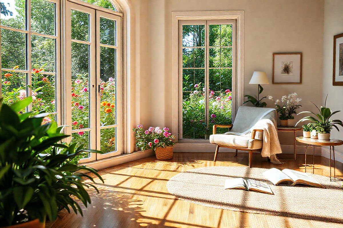 A serene interior scene showcasing a sunlit room filled with lush greenery and natural elements. The focal point is a large, elegantly framed window that offers a breathtaking view of a vibrant garden, where colorful flowers bloom in a kaleidoscope of hues, contrasting beautifully with rich green leaves. Sunlight pours in through the window, casting soft shadows on the polished wooden floor, which is complemented by a cozy, textured area rug in warm tones.   In one corner, a comfortable armchair is draped with a light, airy throw blanket, inviting relaxation. On a nearby side table, a small collection of artfully arranged potted plants adds life and freshness to the space. The walls are adorned with subtle, nature-inspired artwork, enhancing the tranquil atmosphere.   In the background, a soft-focus includes hints of an open book and reading glasses, suggesting a moment of quiet reflection. This harmonious blend of indoor comfort and outdoor beauty creates a peaceful ambiance, symbolizing the hope and potential of innovative treatments like gene therapy for conditions such as macular degeneration.