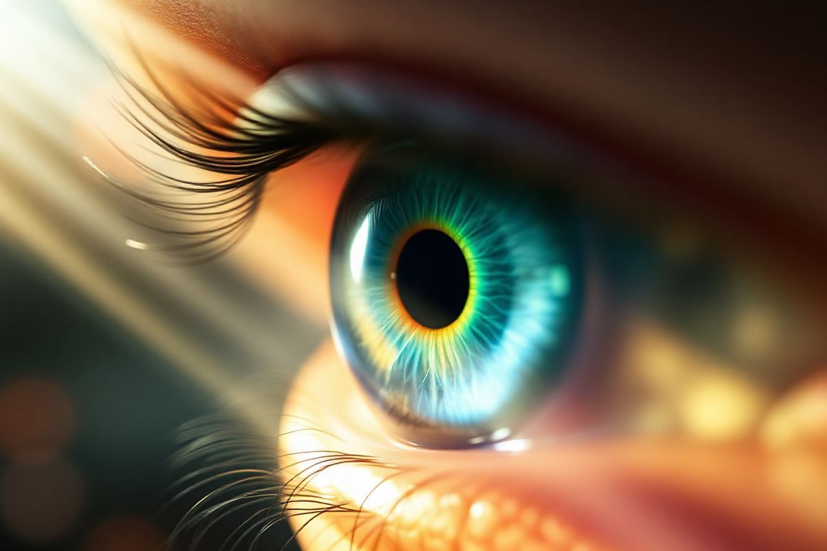 A close-up view of a human eye, focusing on the intricate details of the retina and macula. The eye is depicted with a luminous, ethereal glow, highlighting the vibrant colors of the iris, which transitions from deep blues to soft greens. The retina is subtly illuminated, revealing the delicate network of blood vessels and the macula’s distinct structure, emphasizing its importance in vision. Surrounding the eye is a blurred, abstract background that evokes a sense of depth and mystery, with hints of soft, warm colors reminiscent of a sunset. Light rays gently stream through, casting a gentle illumination on the eye, symbolizing hope and the potential for healing. The overall composition conveys a sense of fragility and beauty, inviting the viewer to reflect on the significance of eye health and the advancements in treatments like gene therapy for age-related macular degeneration.