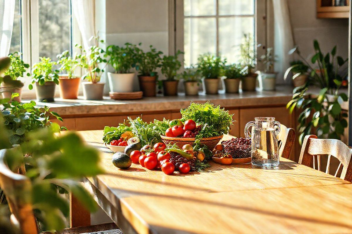 A serene and inviting kitchen scene bathed in warm, natural light, showcasing a beautifully arranged wooden dining table at its center. The table is adorned with a vibrant assortment of fresh fruits and vegetables, including ripe avocados, bright red tomatoes, leafy greens, and a bowl of juicy berries, symbolizing a healthy, anti-inflammatory diet. Surrounding the table, rustic wooden chairs add a touch of warmth and comfort to the space. In the background, a lush indoor herb garden flourishes on the windowsill, with pots of basil, mint, and rosemary, emphasizing the use of herbs and supplements for well-being. Soft green plants and potted succulents frame the scene, bringing a sense of tranquility and life. The kitchen is styled with natural materials, like a stone countertop and wooden cabinetry, creating a harmonious and wholesome atmosphere. Delicate sunlight filters through sheer curtains, casting gentle shadows and highlighting the freshness of the produce, while a glass pitcher filled with refreshing water sits nearby, reminding viewers of the importance of hydration. This composition embodies the essence of health, balance, and nurturing one’s body through mindful eating and lifestyle choices.