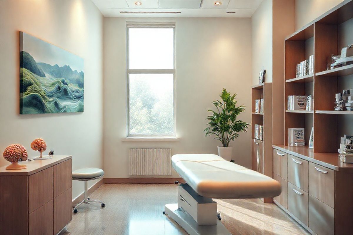 A serene and detailed photorealistic image of a tranquil medical office setting, featuring a modern examination room. The room has soft, warm lighting that creates a calming atmosphere. In the center, a sleek, white examination table with plush cushioning is positioned beneath a large window, allowing natural light to flood in. The walls are painted in soothing pastel colors, adorned with calming nature-themed artwork depicting lush green landscapes and gentle waves. On a nearby counter, a variety of medical tools and anatomical models of the human brain and pituitary gland are neatly arranged, showcasing the focus on endocrine health. A potted plant adds a touch of greenery to the space, symbolizing growth and healing. In the background, an unobtrusive bookshelf holds medical textbooks and patient education materials, emphasizing knowledge and support. The overall ambiance conveys a sense of safety, care, and professionalism, inviting patients to feel at ease as they seek medical advice regarding pituitary tumors and their health concerns.