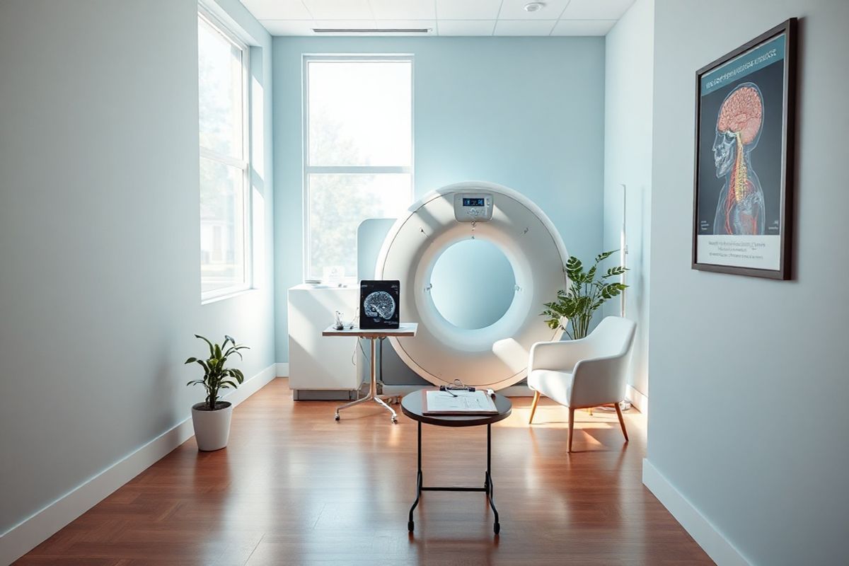 A photorealistic decorative image features a serene medical examination room bathed in soft, natural light filtering through large windows. The walls are painted in calming shades of light blue and white, creating a soothing atmosphere. In the center of the room, a modern MRI machine stands ready for use, its sleek design reflecting advanced technology. Nearby, a small table displays diagnostic tools such as a CT scan image and a D-dimer test kit, arranged neatly alongside a clipboard with patient notes.   A potted plant in the corner adds a touch of greenery, symbolizing health and vitality. The floor is polished wood, enhancing the warmth of the space, while a comfortable chair is positioned invitingly for patients awaiting their tests. On the wall, framed anatomical posters of the brain and venous system provide educational context, subtly hinting at the importance of the diagnostic process. Overall, the image conveys a sense of professionalism, care, and hope, setting the stage for a positive patient experience in the context of cerebral venous thrombosis diagnosis.