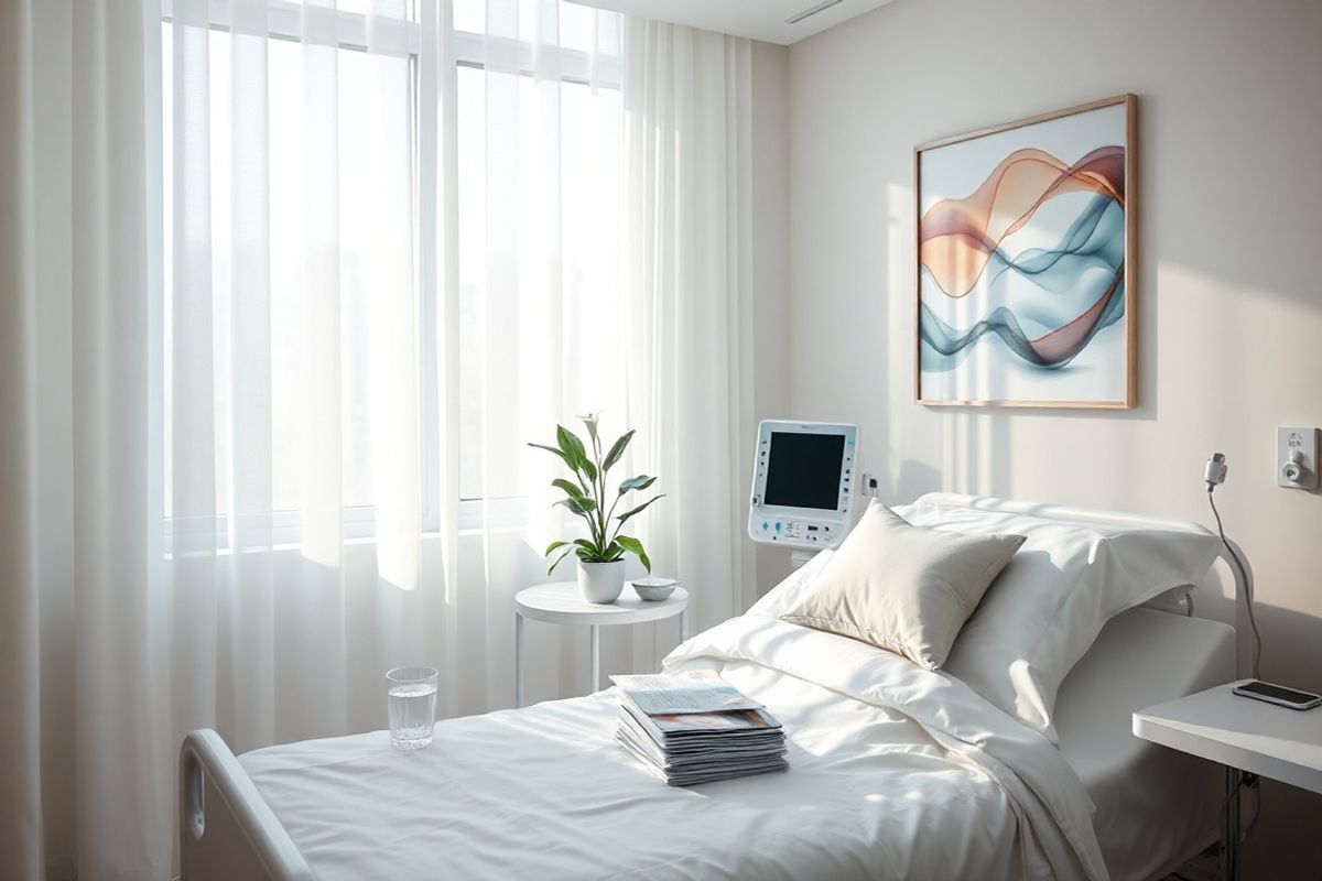 A photorealistic image depicting a serene, softly illuminated hospital room, emphasizing a sense of calm and care. The room features a large window with sheer curtains, allowing gentle natural light to filter in, casting soft shadows on the light-colored walls. In the center, a comfortable hospital bed is made with crisp white linens, adorned with a decorative cushion in soothing pastel hues. A small bedside table holds a glass of water and a neatly arranged stack of medical brochures about cerebral venous sinus thrombosis.   Adjacent to the bed, a modern medical monitor displays clear, unobtrusive vital signs. A vibrant potted plant, such as a peace lily, adds a touch of life and color, symbolizing hope and recovery. On the wall, a framed piece of abstract art in calming colors, reminiscent of flowing water, enhances the atmosphere of tranquility. The overall composition conveys a sense of safety, warmth, and professionalism, ideal for a medical setting focused on patient care and recovery, reflecting the importance of understanding and addressing serious conditions like CVST.