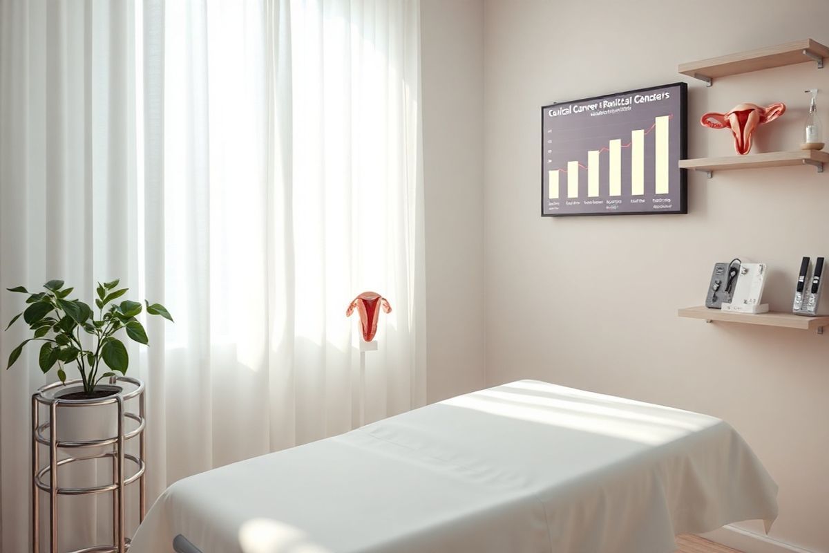 A serene and photorealistic image of a tranquil gynecological examination room, softly lit by natural sunlight streaming through sheer white curtains. The room features a comfortable examination table draped with a pristine white sheet, surrounded by gentle pastel-colored walls, creating a calming atmosphere. In the corner, a potted plant with lush green leaves adds a touch of nature, symbolizing health and vitality. On a nearby shelf, medical instruments are neatly arranged, reflecting precision and care. A framed anatomical model of the female reproductive system hangs on the wall, highlighting the importance of cervical health. In the background, a digital display shows a graph of cervical cancer statistics, emphasizing the significance of regular screenings and early detection. The overall ambiance conveys a sense of safety and professionalism, inviting patients to prioritize their health and well-being. This image encapsulates the essence of preventive care, focusing on cervical cancer screening and the role of procedures like LEEP in maintaining women’s health.