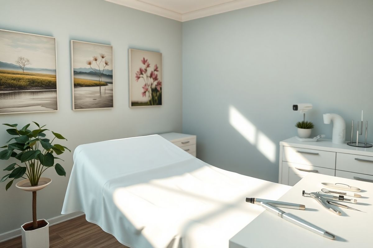 A serene and intimate medical setting is depicted, featuring a softly lit examination room designed for women’s health. In the foreground, a gynecological examination table is elegantly draped with a clean white sheet, surrounded by calming pastel-colored medical equipment. The walls are adorned with soothing artwork of nature, featuring serene landscapes and blooming flowers to create a tranquil atmosphere. A gentle beam of natural light filters through a window, casting soft shadows, while a potted plant sits in the corner, adding a touch of greenery. On a nearby countertop, essential medical tools are neatly arranged, showcasing a colposcope and various instruments used in cervical health assessments. The overall ambiance conveys a sense of compassion and care, emphasizing the importance of preventative health measures and regular screenings for cervical cancer. The image captures a moment of quiet contemplation, inviting patients to feel safe and reassured in their healthcare journey.