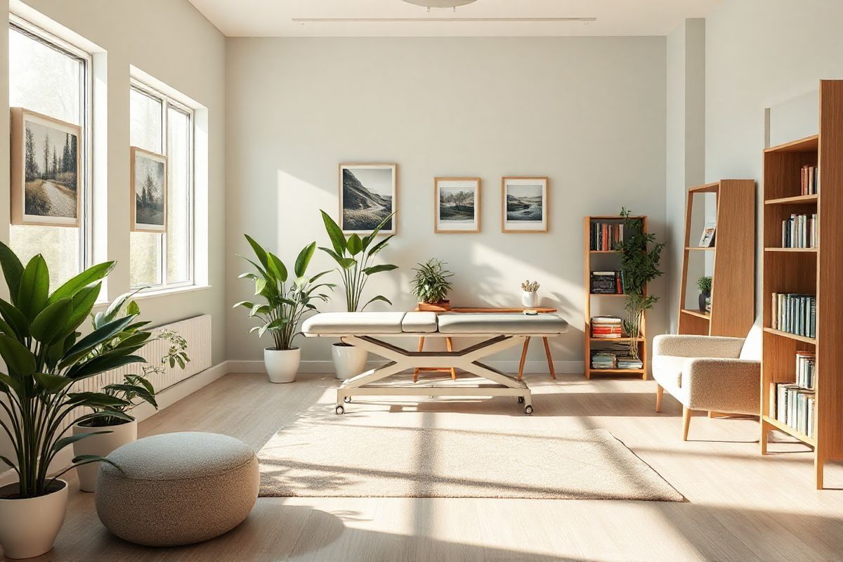 A serene, photorealistic image depicting a tranquil chiropractor’s office, designed to evoke a sense of calm and healing. The room features soft, natural light streaming through large windows, illuminating the space with a warm glow. In the center, a sleek, modern chiropractic table is surrounded by plants, adding a touch of greenery and vitality. The walls are painted in soothing pastel colors, adorned with framed nature photographs that promote relaxation. To one side, there is a comfortable seating area with plush chairs and a small table, where patients can feel at ease. A wooden bookshelf filled with health and wellness books sits in the corner, further enhancing the inviting atmosphere. On the floor, a soft, neutral-toned rug adds warmth and comfort, inviting visitors to feel at home. The overall ambiance is one of tranquility, promoting the idea of healing and well-being, making it an ideal visual representation of the supportive role chiropractic care plays in the treatment of scoliosis and overall health.