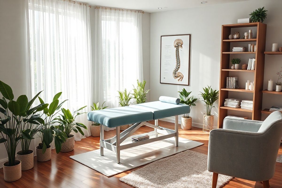 A photorealistic decorative image depicts a serene, softly lit chiropractic clinic room, designed for comfort and healing. The focal point is an elegant chiropractic adjustment table, upholstered in a soothing, light blue fabric, positioned in the center of the room. Surrounding the table are lush green plants, adding a touch of nature and tranquility, while soft, natural light filters through large windows adorned with sheer white curtains. On one wall, an anatomical poster of the human spine illustrates the curvature of scoliosis in a detailed yet artistic manner. The wooden floor adds warmth to the space, and subtle accents like a plush rug and an inviting armchair in the corner create a welcoming atmosphere. Shelves filled with wellness books and decorative items, such as crystals and candles, enhance the holistic vibe of the room. This image conveys a sense of peace and recovery, making it an ideal visual representation of chiropractic care for scoliosis patients.