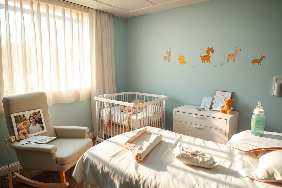 A serene hospital room is depicted, softly illuminated by warm, natural light streaming through a large window adorned with sheer white curtains. In the center of the room, a cozy crib is neatly arranged with pastel-colored blankets, creating a comforting atmosphere for a young child. Beside the crib, a plush rocking chair invites parents to sit and provide support. On a nearby table, an array of medical supplies is neatly organized, including a feeding bottle designed for infants with cleft lip and palate, alongside instructions from healthcare providers. The walls are painted in soothing shades of light blue, embellished with whimsical animal-themed artwork that brings a sense of joy and warmth. A family photo featuring smiling parents with their baby is framed on the bedside table, symbolizing love and hope. Soft toys and a small teddy bear sit on the crib, adding a touch of innocence and comfort. Overall, the image captures a moment of preparation and care, reflecting the emotional journey of parents as they ready themselves for their child’s surgery, emphasizing both the challenges and the love that surrounds this experience.