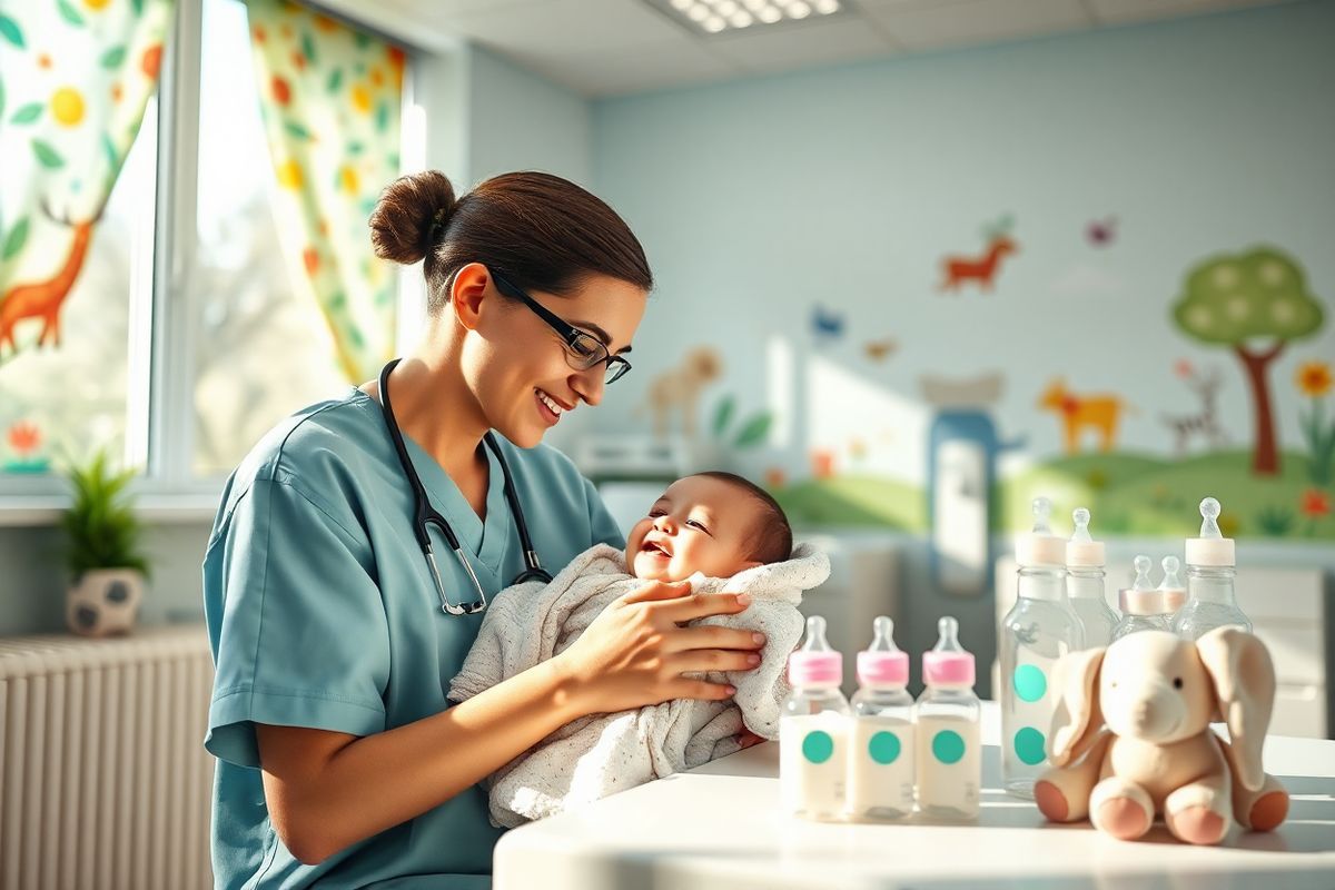 A photorealistic image depicting a serene scene in a modern pediatric clinic, where a caring healthcare professional gently examines a smiling infant with a cleft lip and palate. The room is brightly lit with soft, natural light streaming through large windows adorned with cheerful, colorful curtains. In the background, there are vibrant illustrations of animals and nature on the walls, creating a warm and welcoming atmosphere. The healthcare professional, dressed in scrubs, is attentively holding the infant, who is comfortably swaddled in a cozy blanket. A variety of specialized feeding bottles are neatly arranged on a nearby table, symbolizing the focus on nutrition and care. Soft toys and a plush elephant are scattered around, adding a playful touch to the environment. The overall ambiance conveys a sense of hope, compassion, and support, emphasizing the importance of specialized care for children with cleft lip and palate.