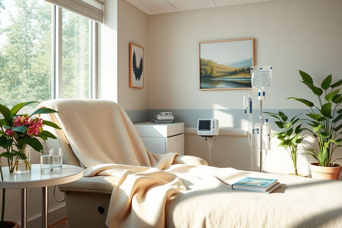 A photorealistic image of a serene hospital room designed for chemotherapy treatment, featuring a comfortable recliner chair draped with a soft, warm blanket. The room is softly lit, with large windows allowing natural light to filter in, creating a calming atmosphere. On a nearby bedside table, there are neatly arranged items: a glass of fresh water, a small vase with vibrant flowers, and a few inspirational books. The walls are painted in soothing pastel colors, adorned with nature-themed artwork that promotes tranquility. In the background, an infusion pump is gently beeping beside a drip bag, symbolizing ongoing treatment. Potted plants with lush green leaves are placed in the corners, adding a touch of life and freshness to the space. The overall ambiance conveys comfort and hope, reflecting a supportive environment for patients undergoing chemotherapy, emphasizing the importance of care and recovery in the journey of battling colorectal cancer.