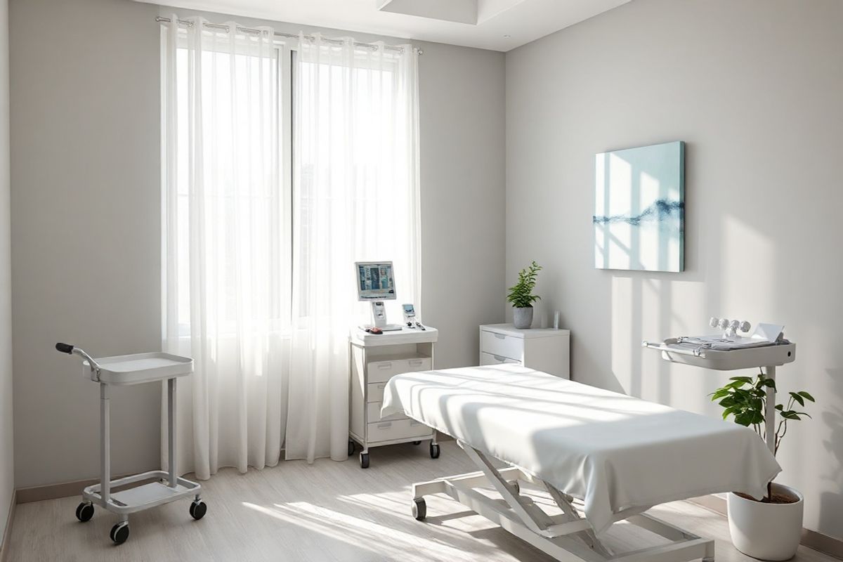 A photorealistic image depicting a serene, sunlit medical examination room designed for colorectal cancer screenings. The room features a comfortable, adjustable examination table covered with a soft, clean white sheet. Natural light filters through a large window adorned with sheer, light-colored curtains, casting gentle shadows on the light gray walls. A well-organized medical cart stands nearby, equipped with essential screening tools like a colonoscope, gloves, and sterile instruments, all gleaming under the overhead lights. On the wall, a subtle abstract painting in calming hues of blue and green adds a touch of tranquility. In the corner, a potted plant with lush green leaves brings a sense of life and warmth to the space. The overall ambiance is inviting and reassuring, emphasizing the importance of early detection and patient comfort in a medical setting.