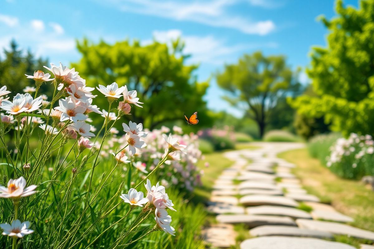 A serene and photorealistic image of a tranquil garden scene featuring blooming wildflowers and lush greenery, symbolizing hope and renewal in the context of ovarian cancer awareness. In the foreground, delicate clusters of pastel-colored flowers—soft pinks, purples, and whites—sway gently in the breeze, their petals glistening with morning dew. A winding pathway made of smooth, natural stones meanders through the garden, inviting viewers to explore further. In the background, vibrant green trees provide a soothing canopy, their leaves catching the sunlight and casting gentle shadows on the ground. The sky above is a clear blue with a few wispy clouds, enhancing the peaceful ambiance. A small butterfly flits among the flowers, representing resilience and transformation. This image embodies the themes of nature’s beauty and the strength of life, making it a powerful visual companion to the topic of ovarian cancer, evoking feelings of hope, healing, and the importance of awareness and support.
