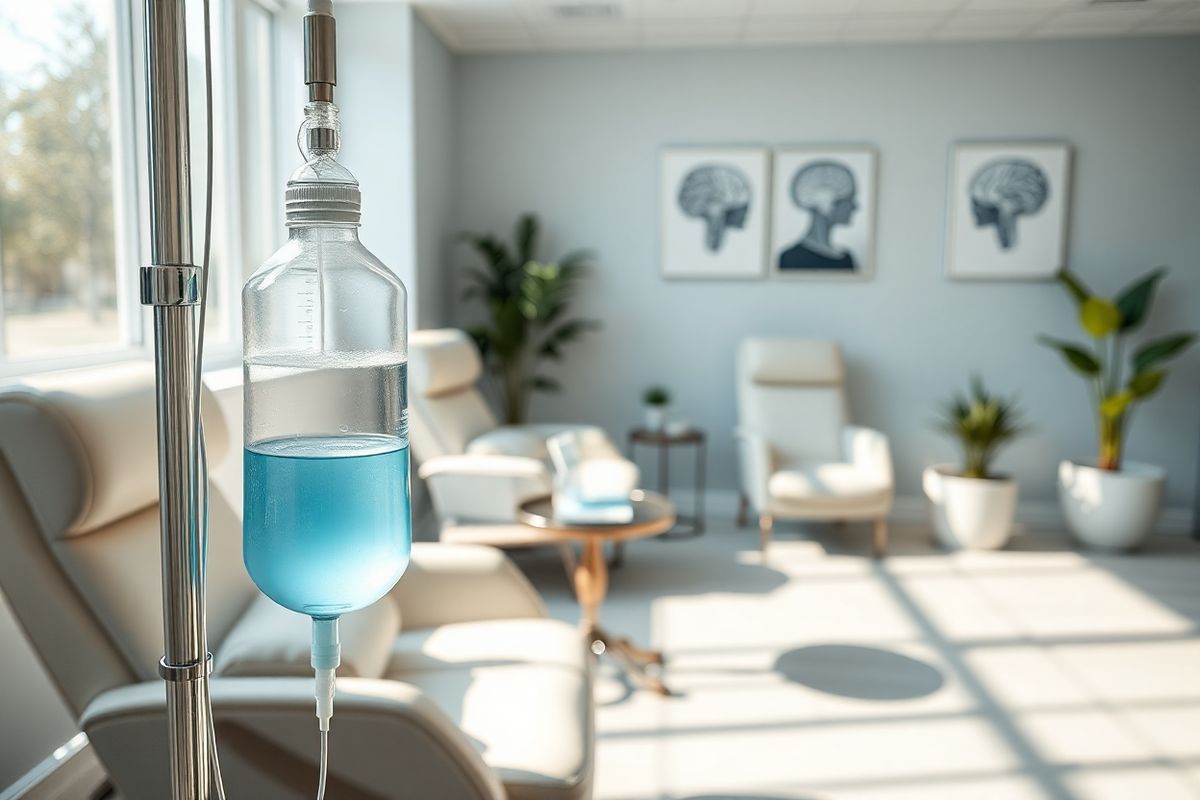 A serene medical treatment room bathed in soft, natural light filtering through large windows. The focus is on a sleek, modern intravenous infusion setup featuring a clear IV bag filled with a light blue solution, symbolizing the innovative Kisunla treatment. In the background, comfortable reclining chairs are arranged neatly, with plush cushions inviting patients to relax during their infusions. A small, elegant side table holds a water bottle and a few medical pamphlets, hinting at the importance of patient education. On the walls, subtle artwork depicting abstract brain imagery reflects the theme of Alzheimer’s research and treatment. Potted plants add a touch of greenery, enhancing the calming atmosphere. The overall color palette is soothing, with soft blues, greens, and whites, creating a sense of hope and healing in the space. The image captures the essence of a supportive environment where patients can receive life-altering therapies, emphasizing both the medical and emotional aspects of treatment.