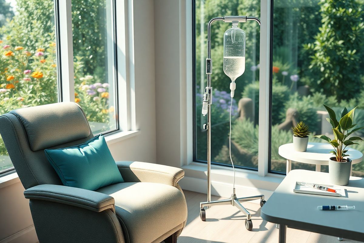 A photorealistic image depicting a serene medical infusion room bathed in soft, natural light. The room features a comfortable recliner chair, elegantly designed with plush cushions in calming shades of blue and green. Beside the chair stands a sleek IV stand, with a clear bag of fluid infused with a gentle glow, symbolizing hope and healing. In the background, a large window reveals a lush garden filled with vibrant flowers and greenery, suggesting tranquility and renewal. On a nearby table, there are neatly arranged medical supplies, such as syringes and cotton swabs, alongside a small potted plant that adds a touch of warmth and life to the setting. The overall atmosphere is one of comfort and optimism, reflecting the importance of treatment and care for patients undergoing therapy for Alzheimer’s disease. Soft shadows play across the room, enhancing the feeling of peace and safety, inviting viewers to imagine a place of healing and support.