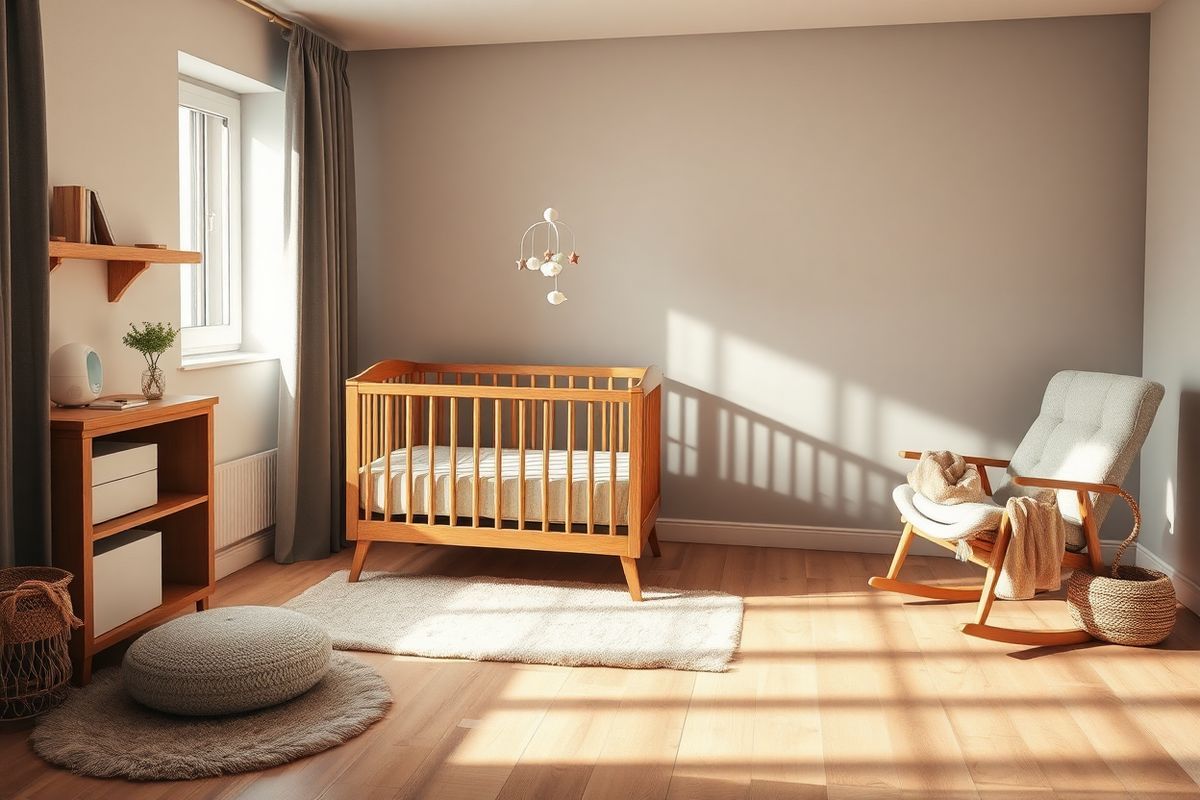 A serene nursery scene bathed in soft, warm light creates a cozy and inviting atmosphere for a baby’s sleep environment. The focal point is a beautifully crafted wooden crib with a firm mattress, adorned with a fitted sheet in soothing pastel colors. Surrounding the crib are plush, neutral-toned rugs that add warmth to the wooden floor. Blackout curtains gently frame a window, filtering natural light while still maintaining a darkened space. A white noise machine sits discreetly on a nearby shelf, emitting a soft glow and a calming sound. On the wall, a whimsical mobile hangs above the crib, featuring softly colored stars and clouds that sway gently. An inviting rocking chair is positioned in the corner, draped with a cozy throw blanket, perfect for pre-sleep activities like reading or singing lullabies. In the background, a subtle, pastel-colored wall mural of a tranquil night sky complements the nursery theme. The overall ambiance is tranquil and calming, emphasizing safety and comfort, making it the perfect environment for a baby to drift off to sleep peacefully.