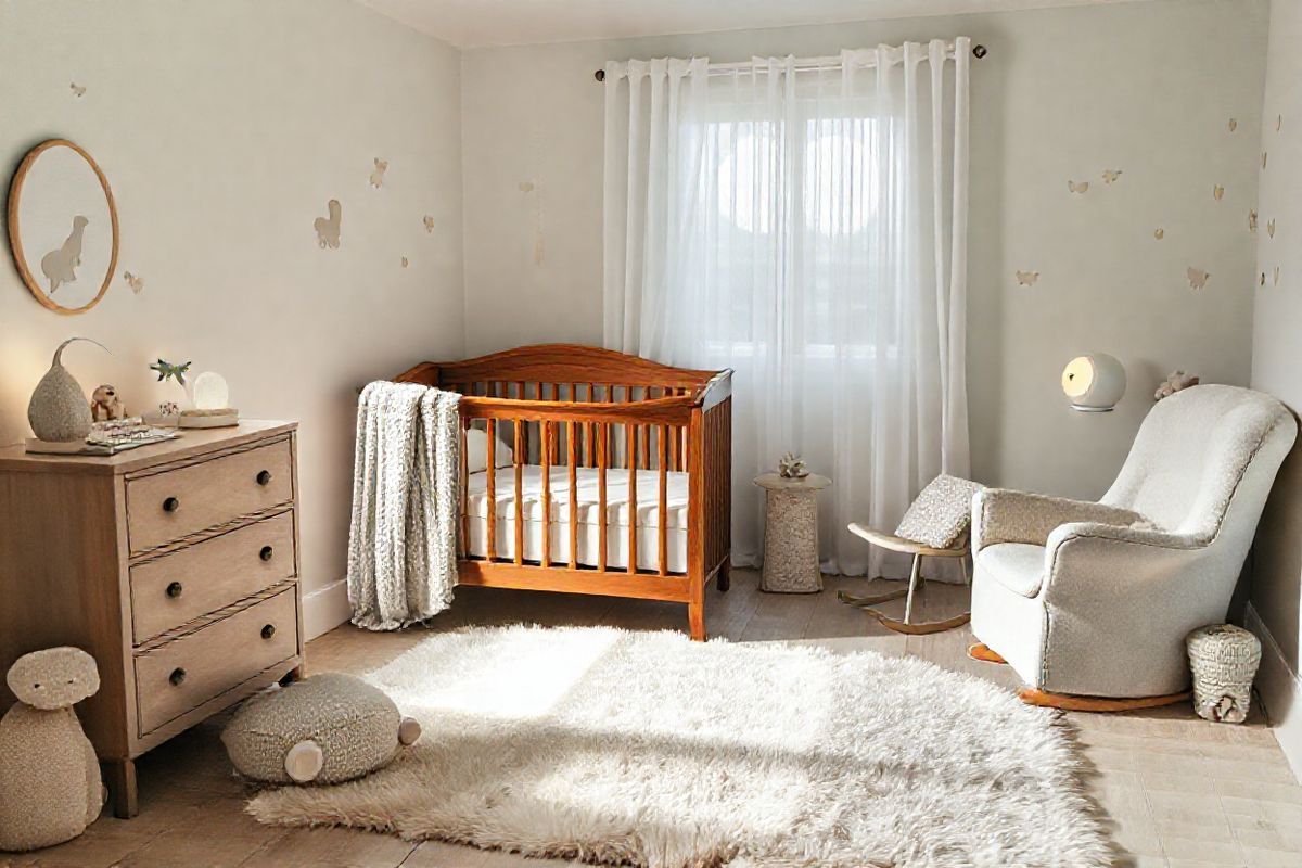 A serene nursery scene featuring a cozy, softly lit space designed for a baby’s bedtime routine. In the center, a beautifully crafted wooden crib with a plush, white fitted sheet and a light gray knitted blanket draped over one side. Surrounding the crib are gentle pastel colors on the walls, adorned with whimsical animal decals. A plush rocking chair, upholstered in light fabric, sits nearby, with a small side table holding a storybook and a delicate nightlight casting a warm glow. The window is covered with sheer white curtains, allowing soft moonlight to filter in, while a small white noise machine rests on the dresser, subtly blending into the decor. On the floor, a fluffy, light-colored rug invites comfort, and a few stuffed animals are playfully placed around. The atmosphere exudes tranquility and safety, creating an inviting space where a baby can drift off to sleep peacefully, embodying the essence of a nurturing bedtime routine.