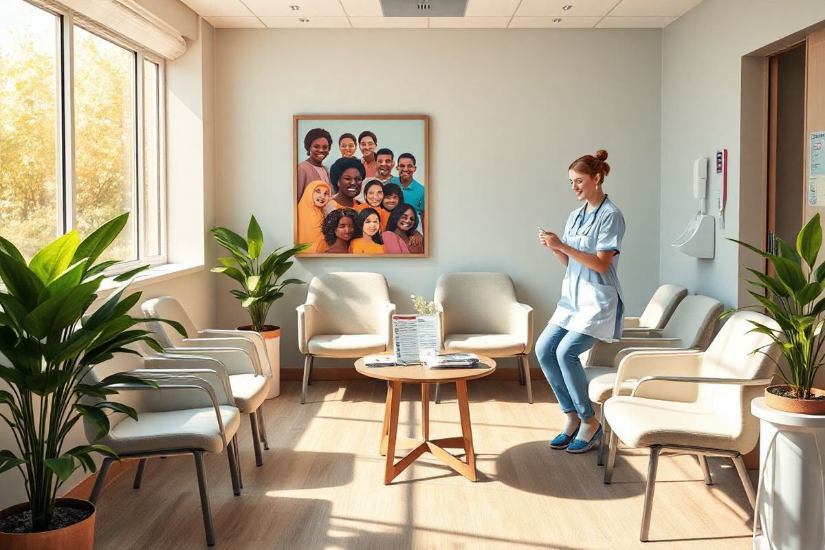 A photorealistic image captures a serene and inviting scene of a modern healthcare clinic waiting room, featuring a large window that allows warm sunlight to stream in. The walls are painted in soothing pastel colors, and the space is furnished with comfortable, contemporary chairs arranged in a semi-circle. A small table in the center holds an assortment of pamphlets about flu vaccinations and health tips, subtly hinting at the importance of preventive care. On one side, a friendly nurse is seen gently preparing a flu vaccine, her demeanor calm and reassuring. The backdrop includes a framed poster of diverse individuals receiving their flu shots, celebrating community health. Lush green plants in stylish pots add a touch of nature, enhancing the atmosphere of well-being. Soft, ambient lighting creates a cozy environment, while a digital thermometer and hand sanitizer station emphasize hygiene and safety. This image conveys a sense of trust, warmth, and the proactive approach to health that encourages individuals to consider their flu vaccination.